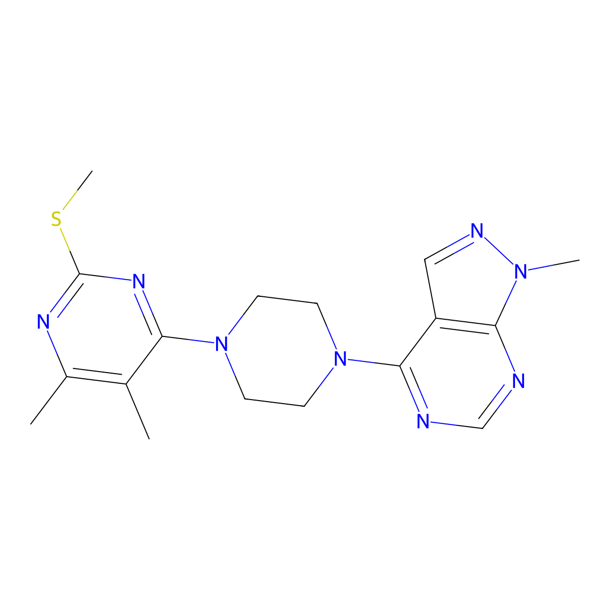4,5-dimethyl-6-(4-{1-methyl-1H-pyrazolo[3,4-d]pyrimidin-4-yl}piperazin-1-yl)-2-(methylsulfanyl)pyrimidine molecular structure, CAS 2548988-63-0