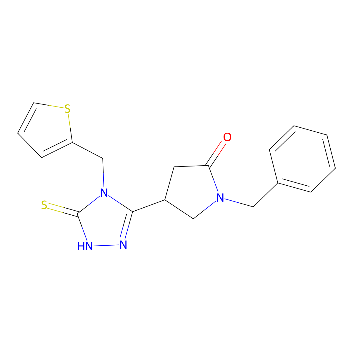 1-benzyl-4-{5-sulfanylidene-4-[(thiophen-2-yl)methyl]-4,5-dihydro-1H-1,2,4-triazol-3-yl}pyrrolidin-2-one molecular structure, CAS 2548988-73-2