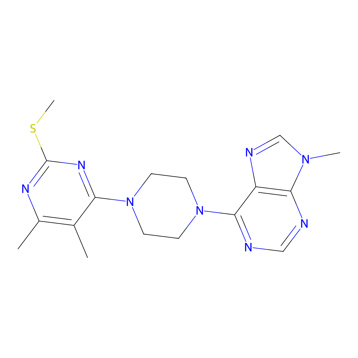 6-{4-[5,6-dimethyl-2-(methylsulfanyl)pyrimidin-4-yl]piperazin-1-yl}-9-methyl-9H-purine molecular structure, CAS 2548988-79-8