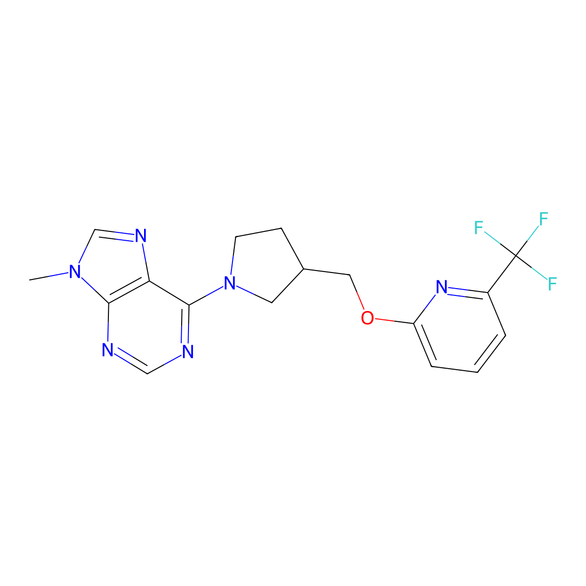 9-methyl-6-[3-({[6-(trifluoromethyl)pyridin-2-yl]oxy}methyl)pyrrolidin-1-yl]-9H-purine molecular structure, CAS 2548988-81-2