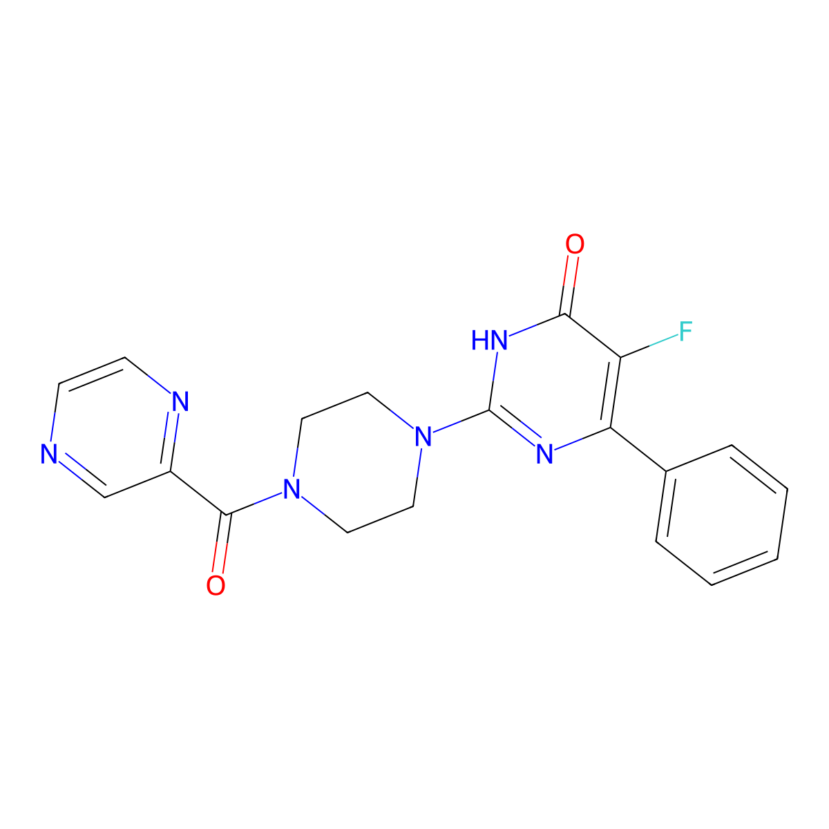 5-Fluoro-6-phenyl-2-[4-(pyrazine-2-carbonyl)piperazin-1-yl]-3,4-dihydropyrimidin-4-one molecular structure, CAS 2548988-84-5