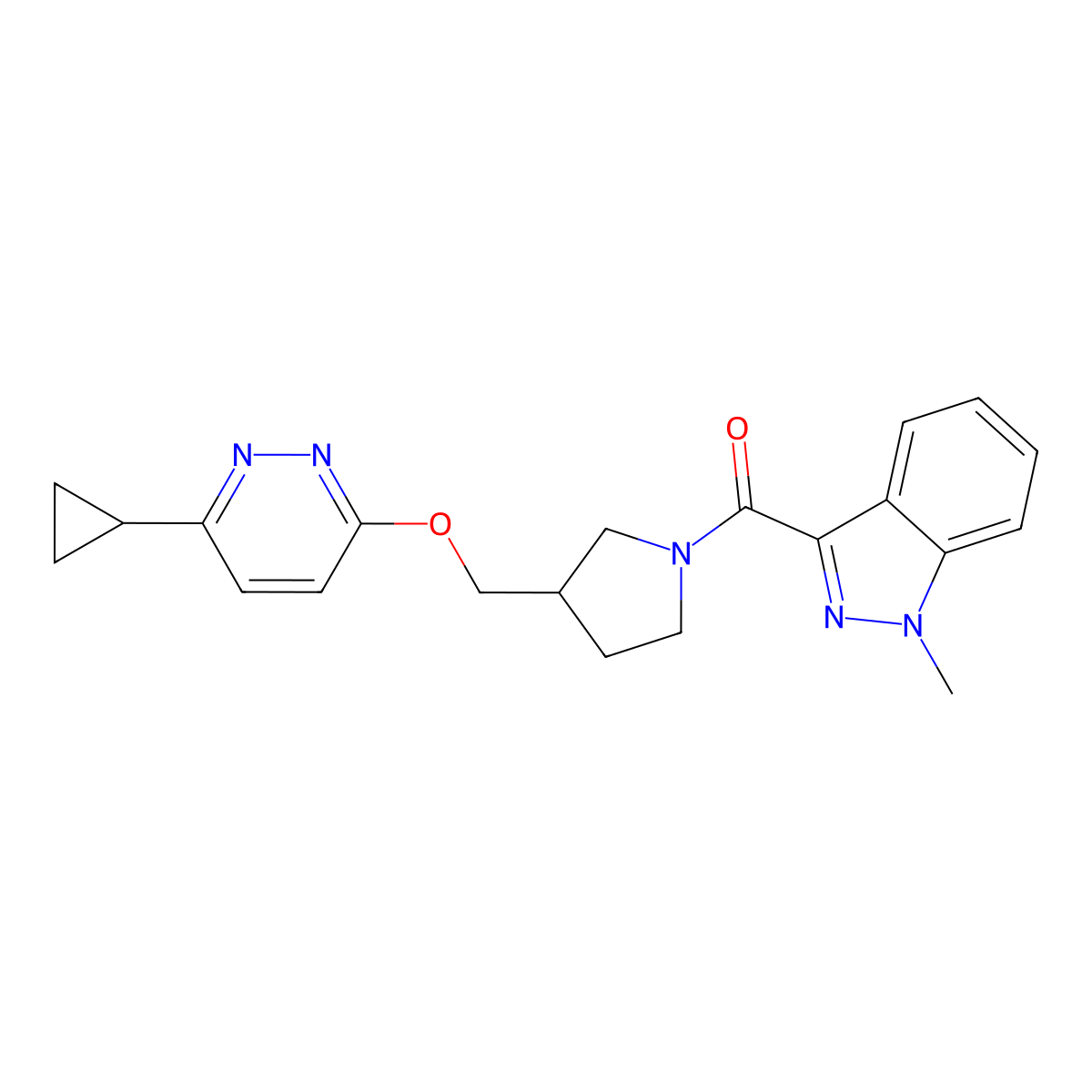 3-(3-{[(6-cyclopropylpyridazin-3-yl)oxy]methyl}pyrrolidine-1-carbonyl)-1-methyl-1H-indazole molecular structure, CAS 2548988-91-4