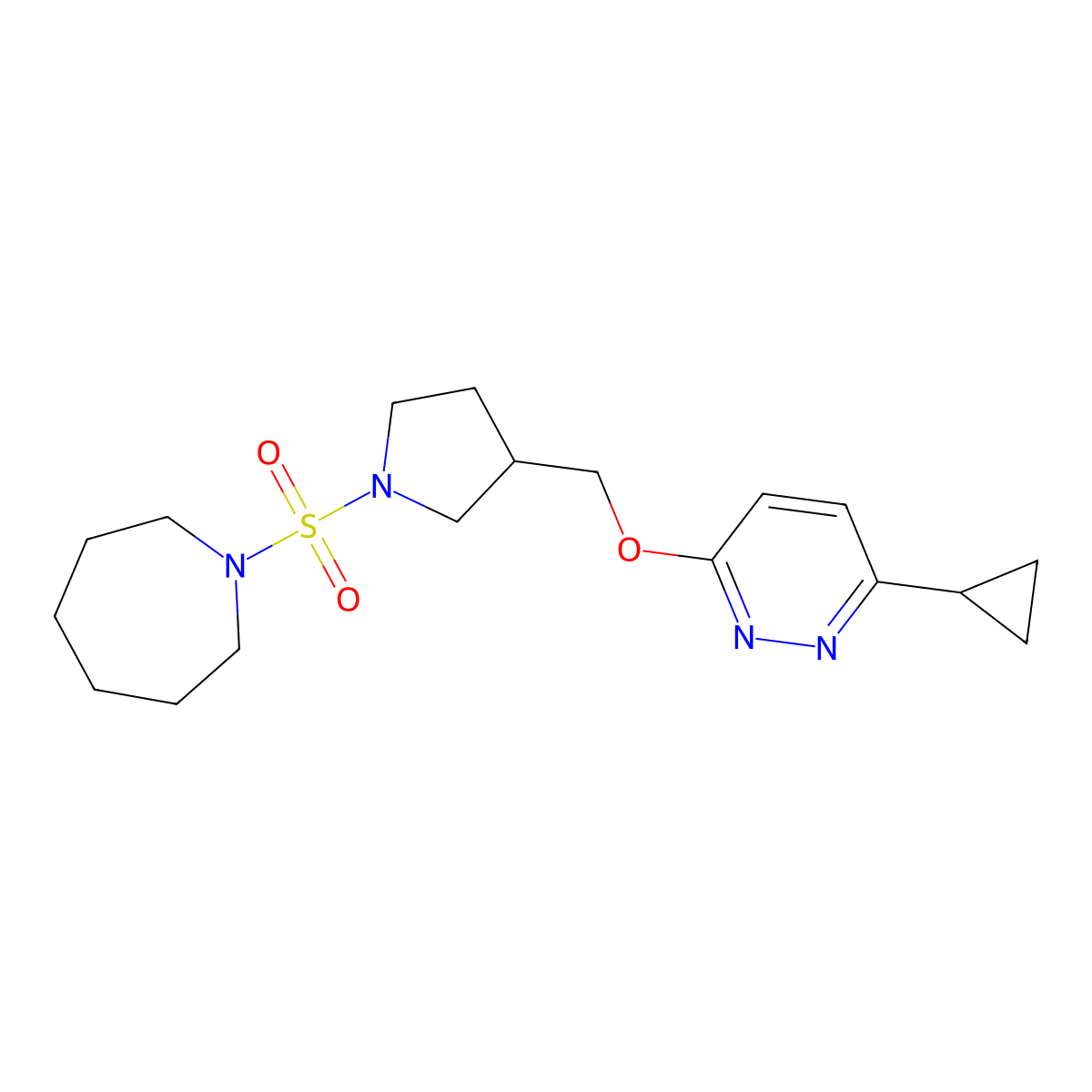 1-[(3-{[(6-Cyclopropylpyridazin-3-yl)oxy]methyl}pyrrolidin-1-yl)sulfonyl]azepane molecular structure, CAS 2548988-94-7