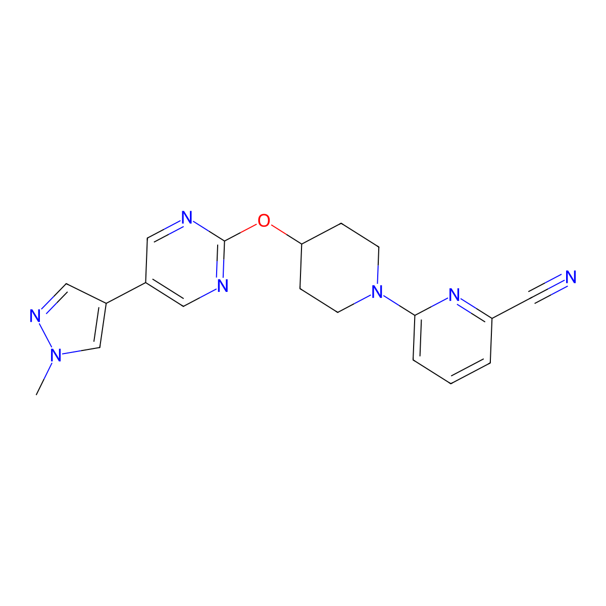 6-(4-{[5-(1-methyl-1H-pyrazol-4-yl)pyrimidin-2-yl]oxy}piperidin-1-yl)pyridine-2-carbonitrile molecular structure, CAS 2548989-09-7