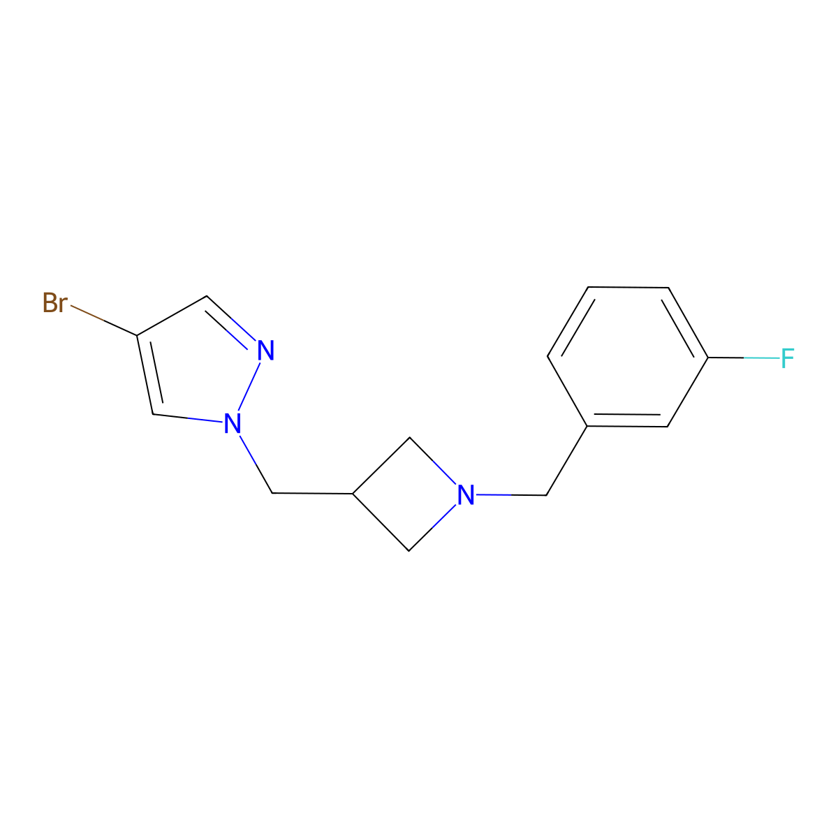 4-bromo-1-({1-[(3-fluorophenyl)methyl]azetidin-3-yl}methyl)-1H-pyrazole molecular structure, CAS 2548989-10-0
