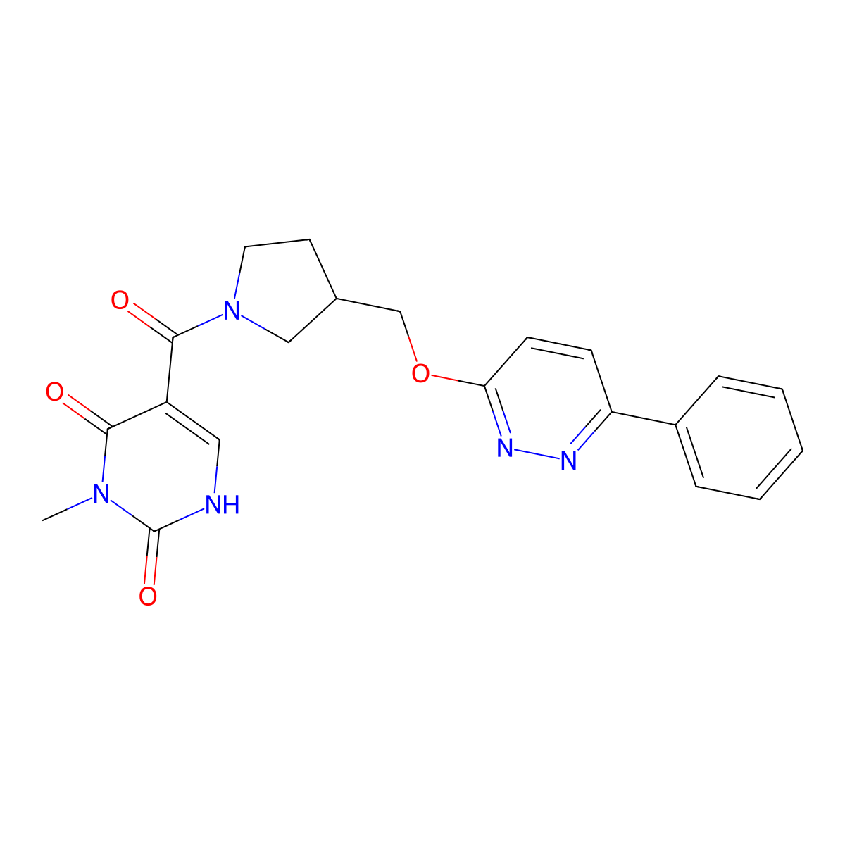 3-Methyl-5-(3-{[(6-phenylpyridazin-3-yl)oxy]methyl}pyrrolidine-1-carbonyl)-1,2,3,4-tetrahydropyrimidine-2,4-dione molecular structure, CAS 2548989-12-2