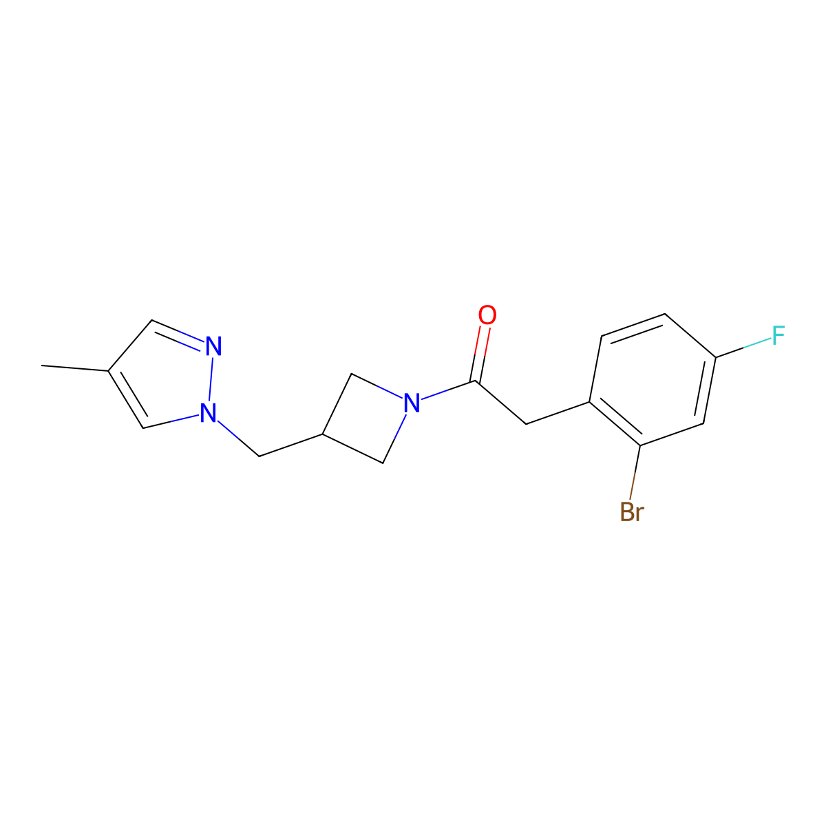2-(2-bromo-4-fluorophenyl)-1-{3-[(4-methyl-1H-pyrazol-1-yl)methyl]azetidin-1-yl}ethan-1-one molecular structure, CAS 2548989-31-5