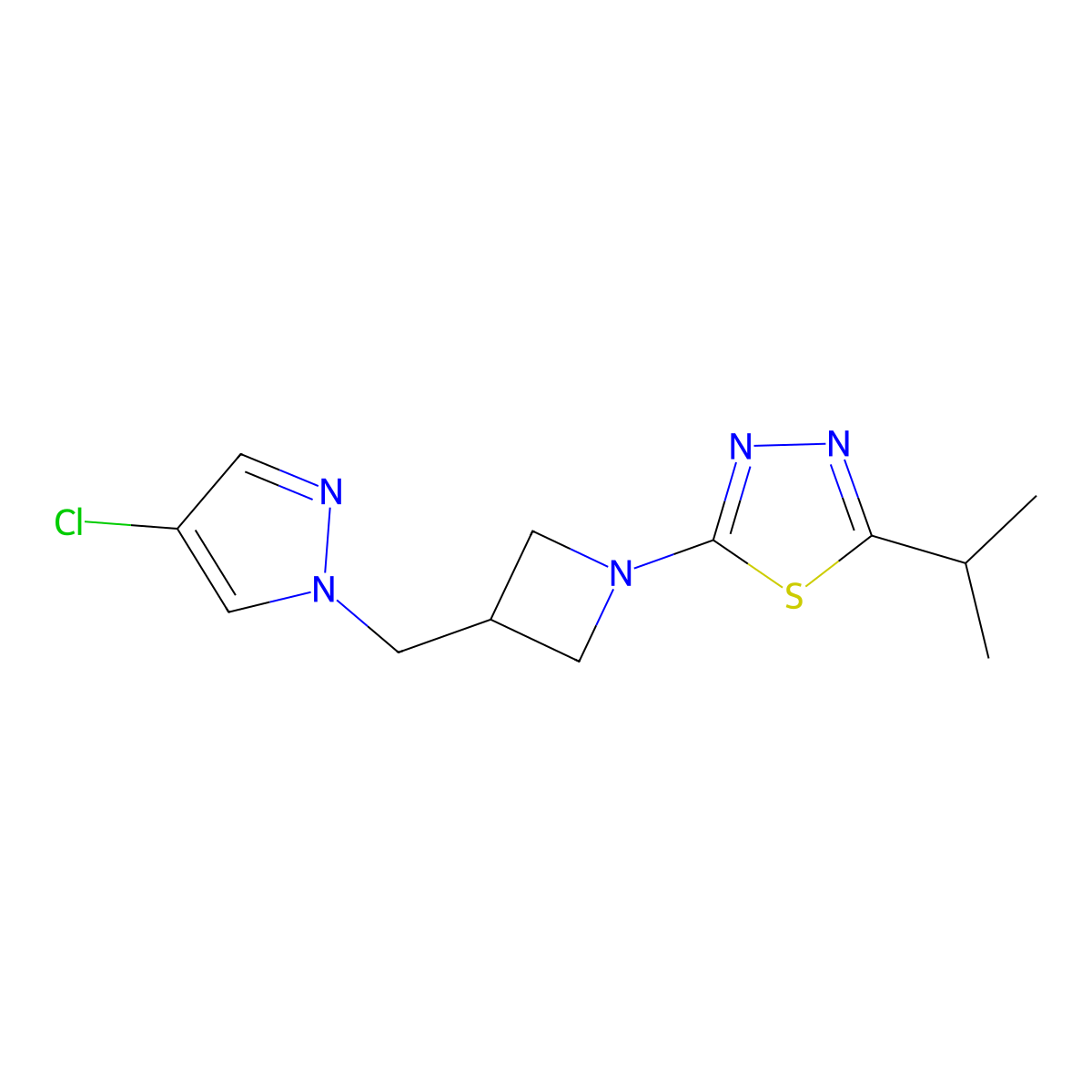 2-{3-[(4-chloro-1H-pyrazol-1-yl)methyl]azetidin-1-yl}-5-(propan-2-yl)-1,3,4-thiadiazole molecular structure, CAS 2548989-46-2
