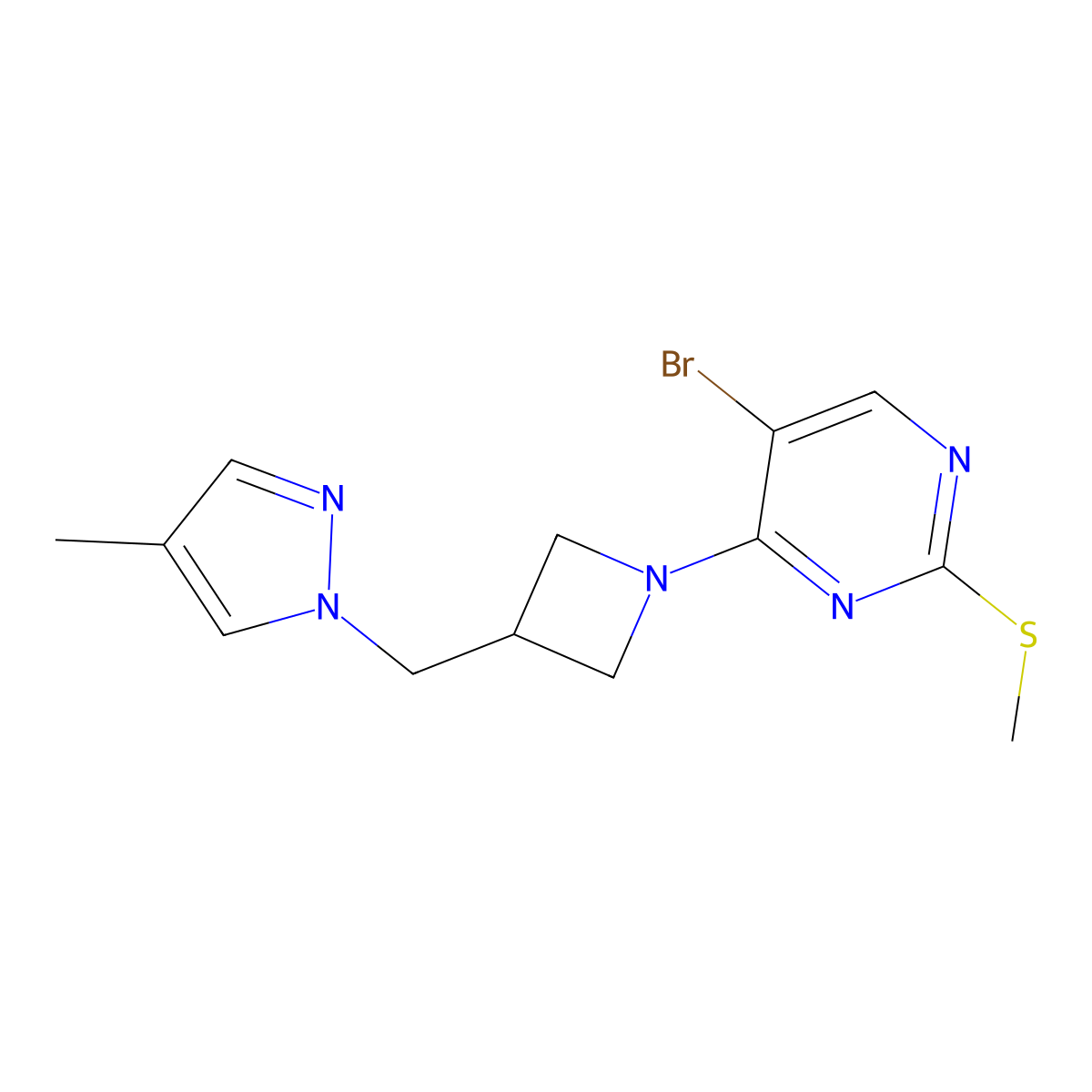 5-bromo-4-{3-[(4-methyl-1H-pyrazol-1-yl)methyl]azetidin-1-yl}-2-(methylsulfanyl)pyrimidine molecular structure, CAS 2548989-47-3