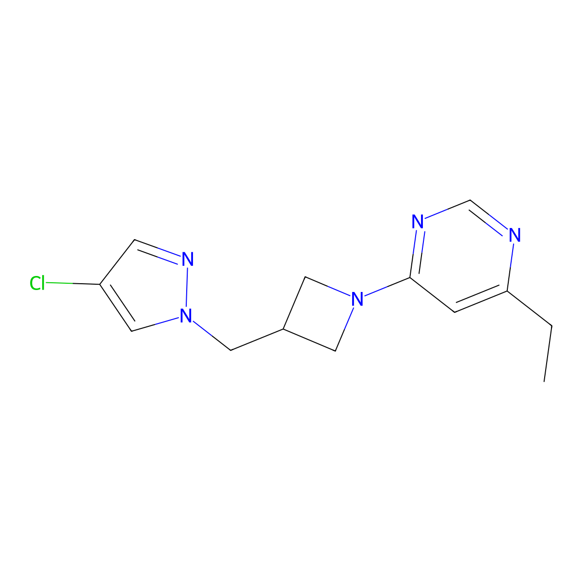4-{3-[(4-chloro-1H-pyrazol-1-yl)methyl]azetidin-1-yl}-6-ethylpyrimidine molecular structure, CAS 2548989-49-5