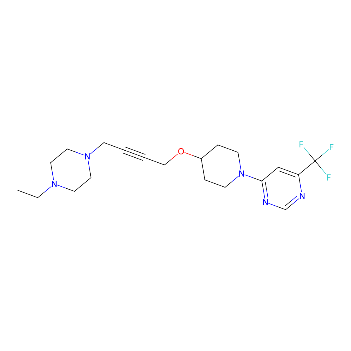 4-(4-{[4-(4-Ethylpiperazin-1-yl)but-2-yn-1-yl]oxy}piperidin-1-yl)-6-(trifluoromethyl)pyrimidine molecular structure, CAS 2548989-60-0