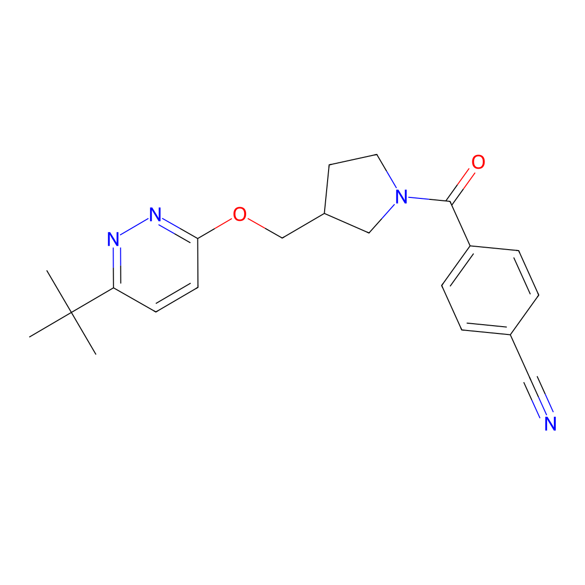 4-(3-{[(6-Tert-butylpyridazin-3-yl)oxy]methyl}pyrrolidine-1-carbonyl)benzonitrile molecular structure, CAS 2548989-61-1