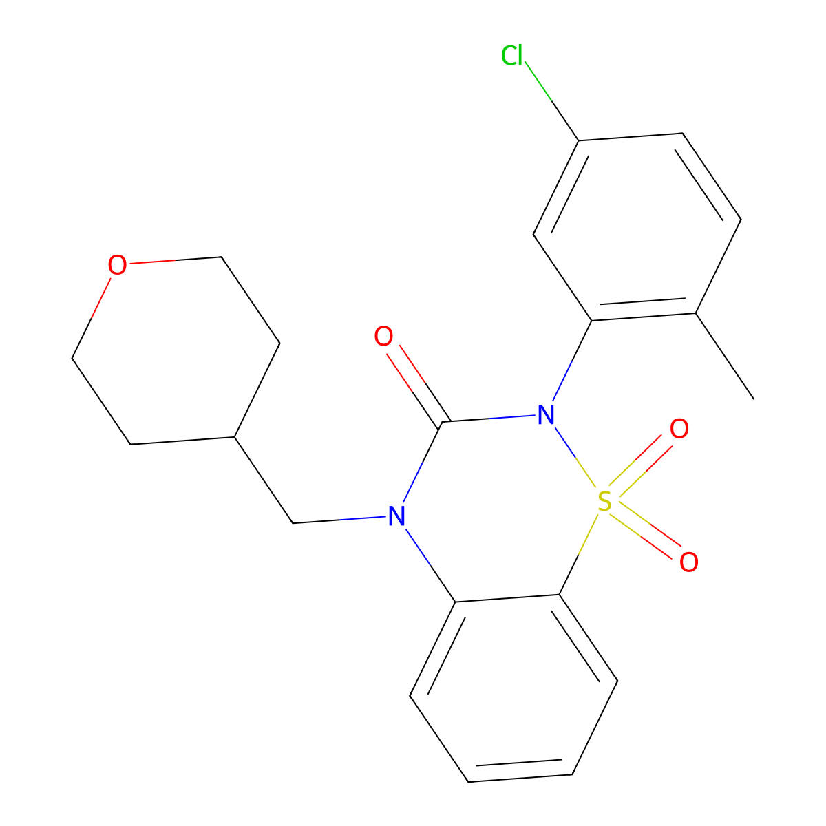 2-(5-chloro-2-methylphenyl)-4-[(oxan-4-yl)methyl]-3,4-dihydro-2H-1lambda6,2,4-benzothiadiazine-1,1,3-trione molecular structure, CAS 2548989-78-0