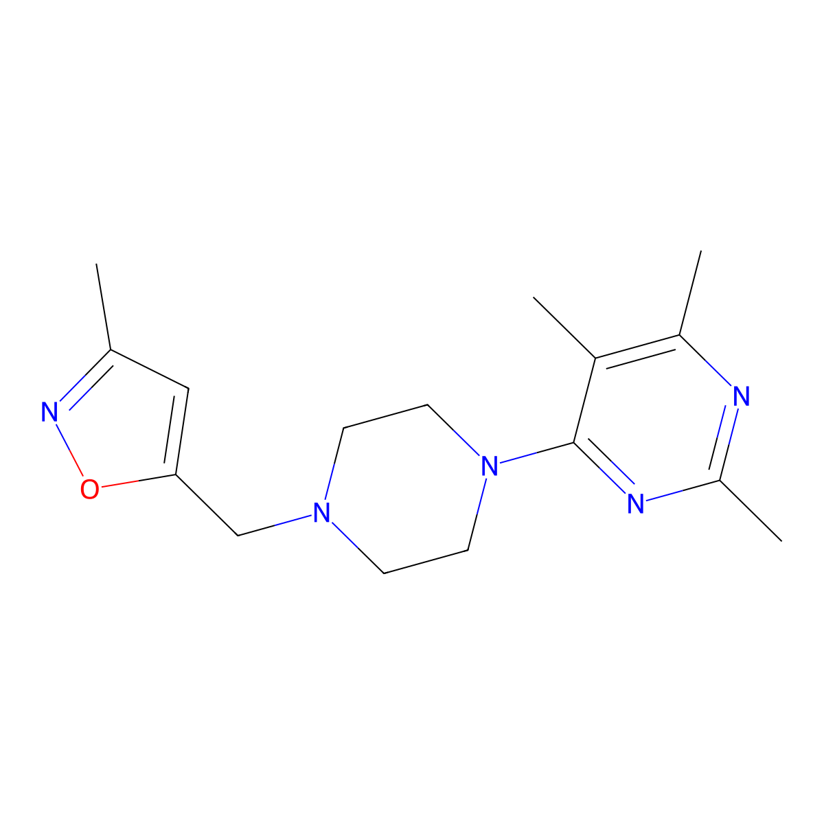 2,4,5-Trimethyl-6-{4-[(3-methyl-1,2-oxazol-5-yl)methyl]piperazin-1-yl}pyrimidine molecular structure, CAS 2548989-87-1