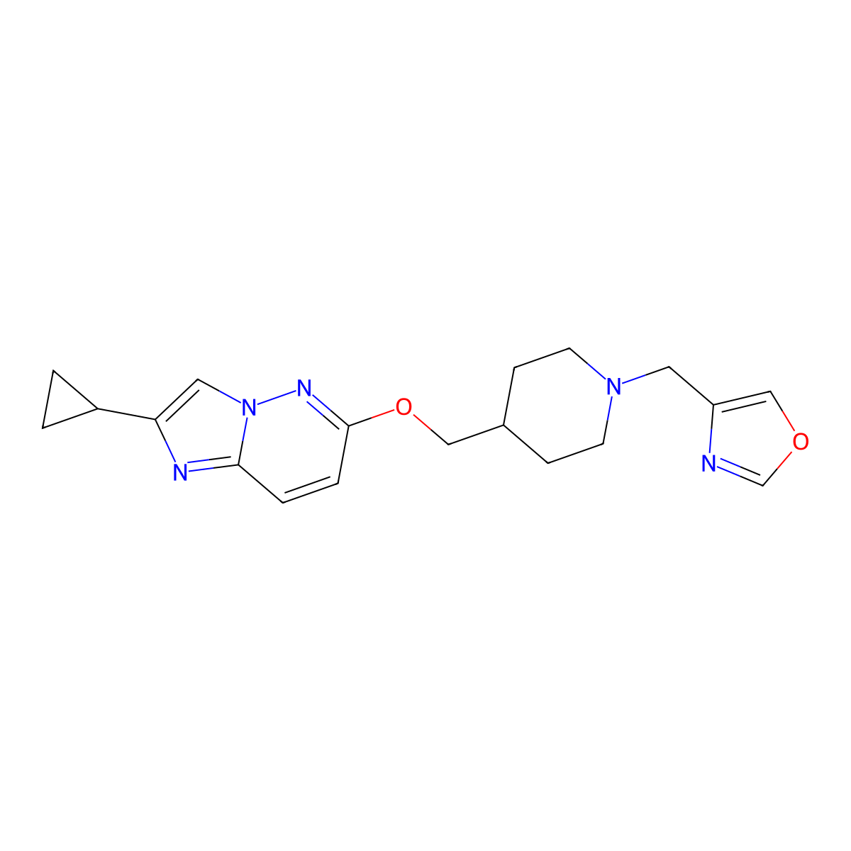 4-[({2-Cyclopropylimidazo[1,2-b]pyridazin-6-yl}oxy)methyl]-1-[(1,3-oxazol-4-yl)methyl]piperidine molecular structure, CAS 2548989-88-2