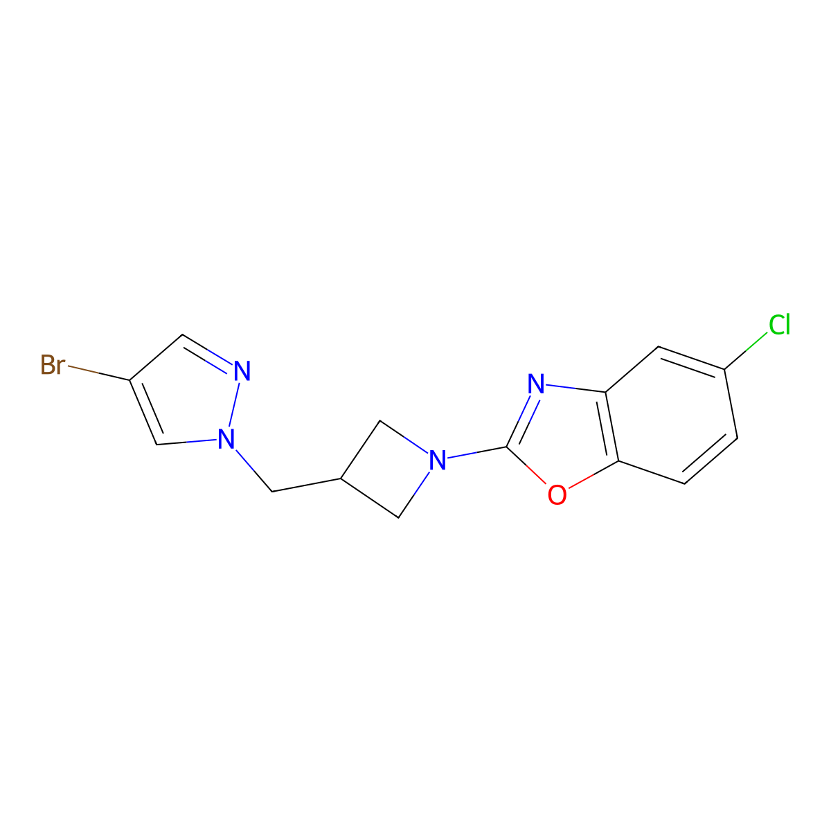 2-{3-[(4-bromo-1H-pyrazol-1-yl)methyl]azetidin-1-yl}-5-chloro-1,3-benzoxazole molecular structure, CAS 2548989-96-2