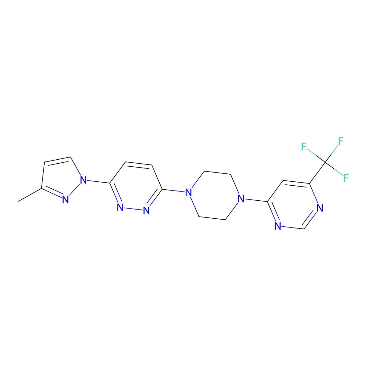 3-(3-methyl-1H-pyrazol-1-yl)-6-{4-[6-(trifluoromethyl)pyrimidin-4-yl]piperazin-1-yl}pyridazine molecular structure, CAS 2548989-99-5