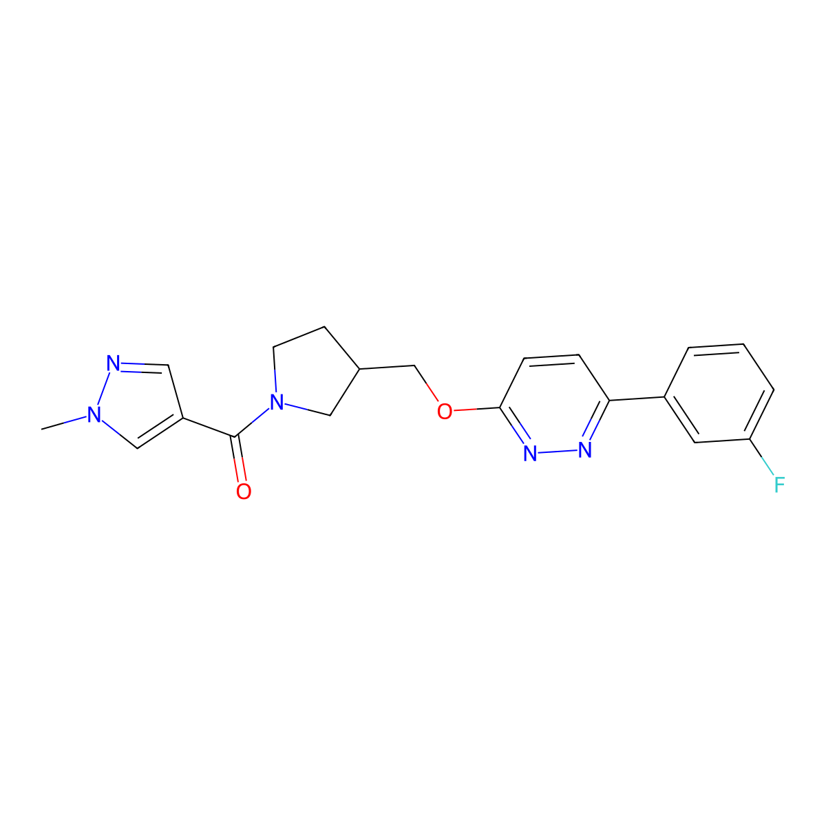 3-(3-fluorophenyl)-6-{[1-(1-methyl-1H-pyrazole-4-carbonyl)pyrrolidin-3-yl]methoxy}pyridazine molecular structure, CAS 2548990-01-6