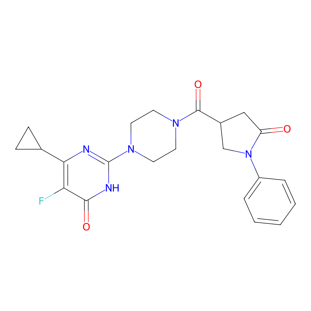 6-Cyclopropyl-5-fluoro-2-[4-(5-oxo-1-phenylpyrrolidine-3-carbonyl)piperazin-1-yl]-3,4-dihydropyrimidin-4-one molecular structure, CAS 2548990-02-7