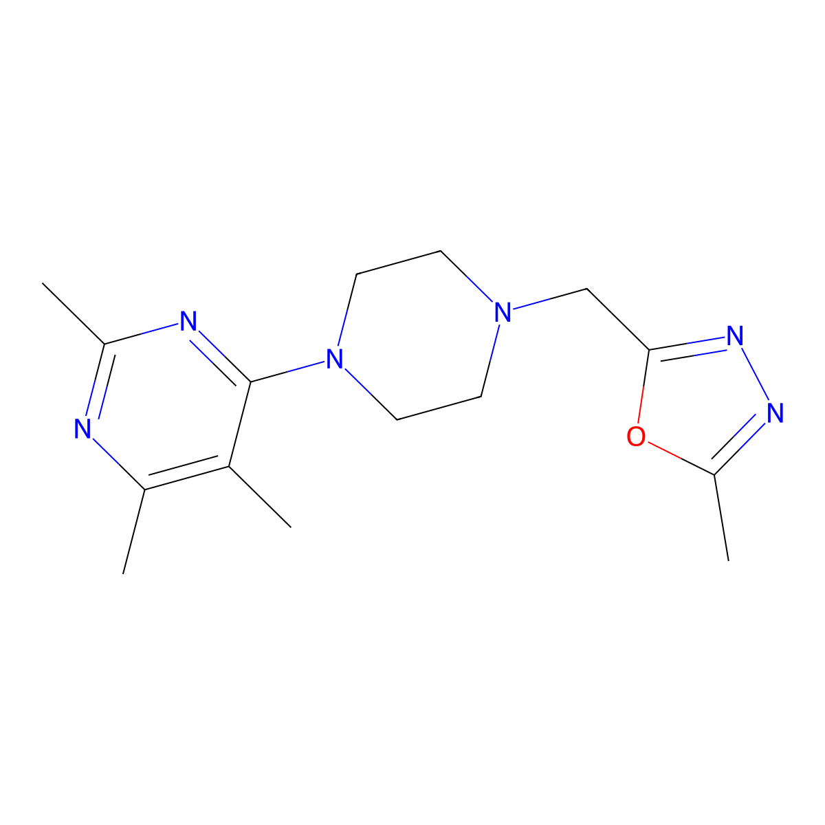 2,4,5-Trimethyl-6-{4-[(5-methyl-1,3,4-oxadiazol-2-yl)methyl]piperazin-1-yl}pyrimidine molecular structure, CAS 2548990-03-8