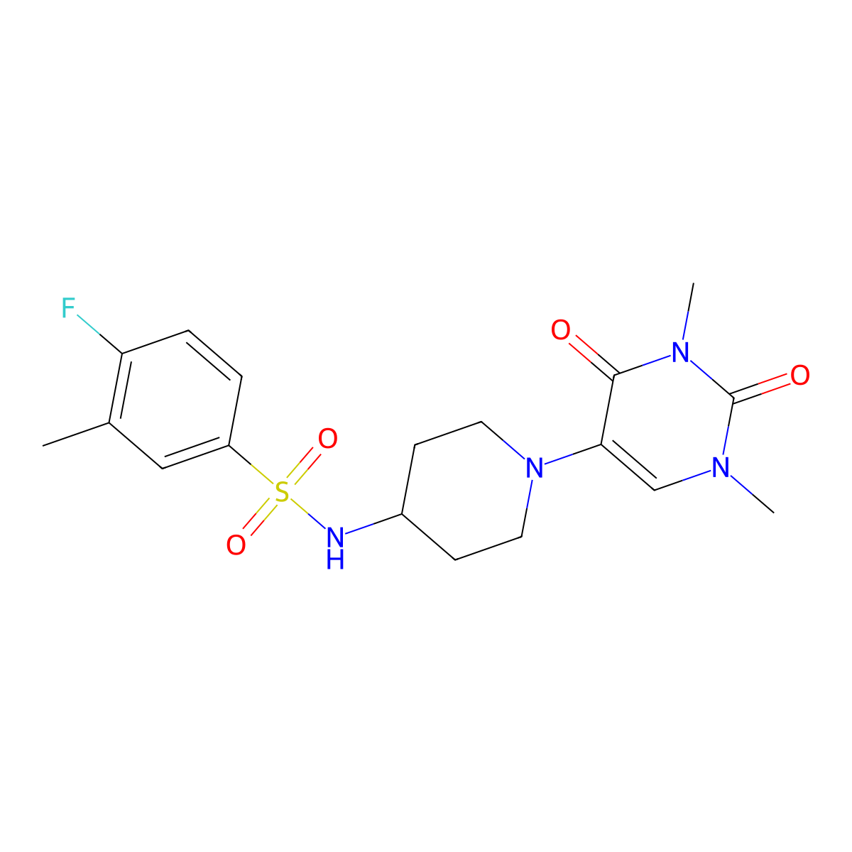 N-[1-(1,3-dimethyl-2,4-dioxo-1,2,3,4-tetrahydropyrimidin-5-yl)piperidin-4-yl]-4-fluoro-3-methylbenzene-1-sulfonamide molecular structure, CAS 2548990-06-1
