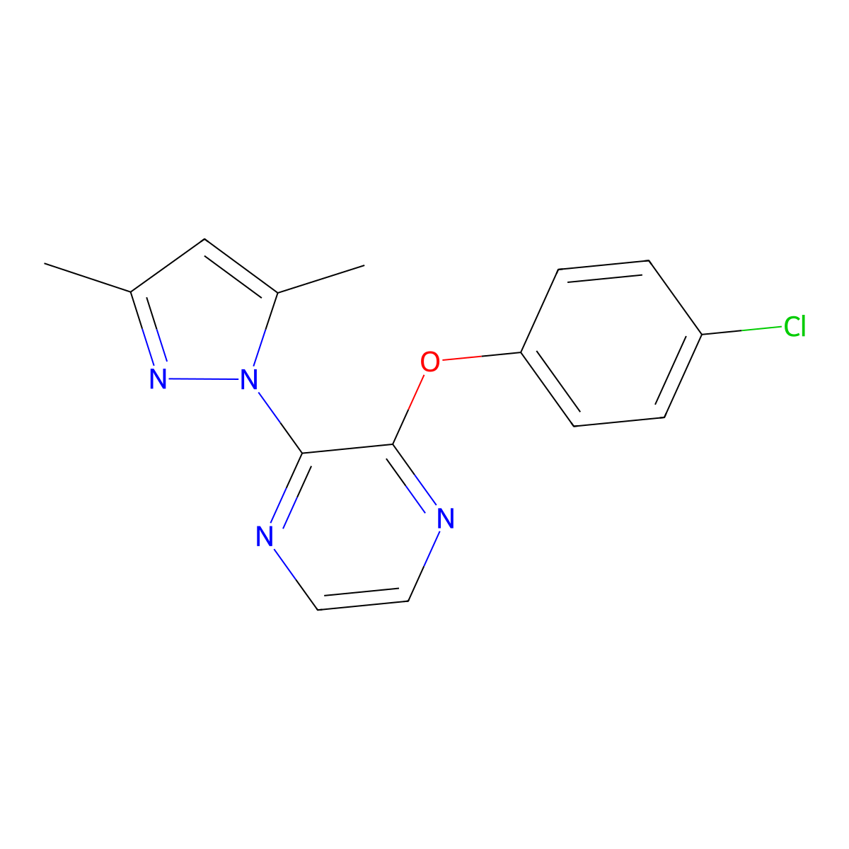 2-(4-chlorophenoxy)-3-(3,5-dimethyl-1H-pyrazol-1-yl)pyrazine molecular structure, CAS 2548990-10-7