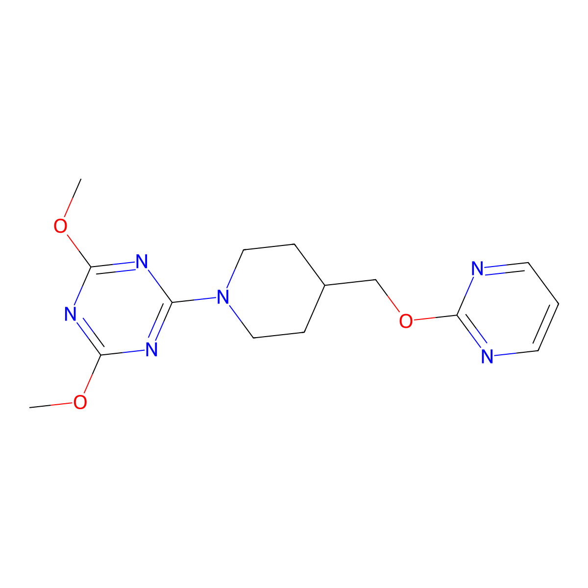 2,4-Dimethoxy-6-{4-[(pyrimidin-2-yloxy)methyl]piperidin-1-yl}-1,3,5-triazine molecular structure, CAS 2548990-18-5