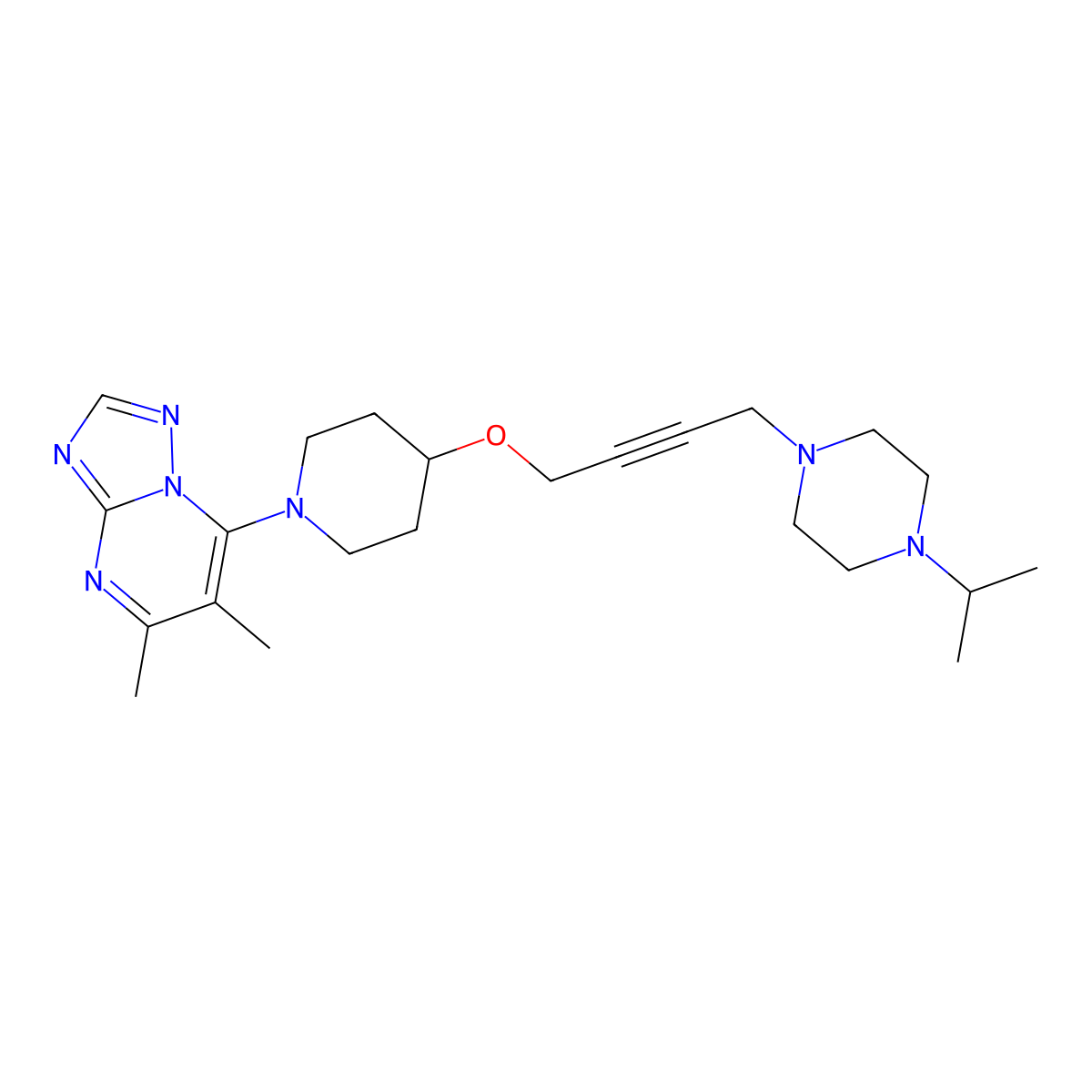 1-{4-[(1-{5,6-Dimethyl-[1,2,4]triazolo[1,5-a]pyrimidin-7-yl}piperidin-4-yl)oxy]but-2-yn-1-yl}-4-(propan-2-yl)piperazine molecular structure, CAS 2548990-41-4