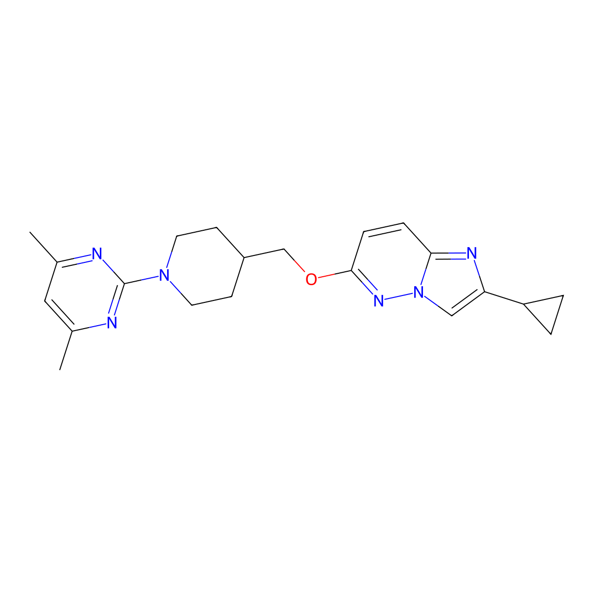 2-{4-[({2-Cyclopropylimidazo[1,2-b]pyridazin-6-yl}oxy)methyl]piperidin-1-yl}-4,6-dimethylpyrimidine molecular structure, CAS 2548990-49-2