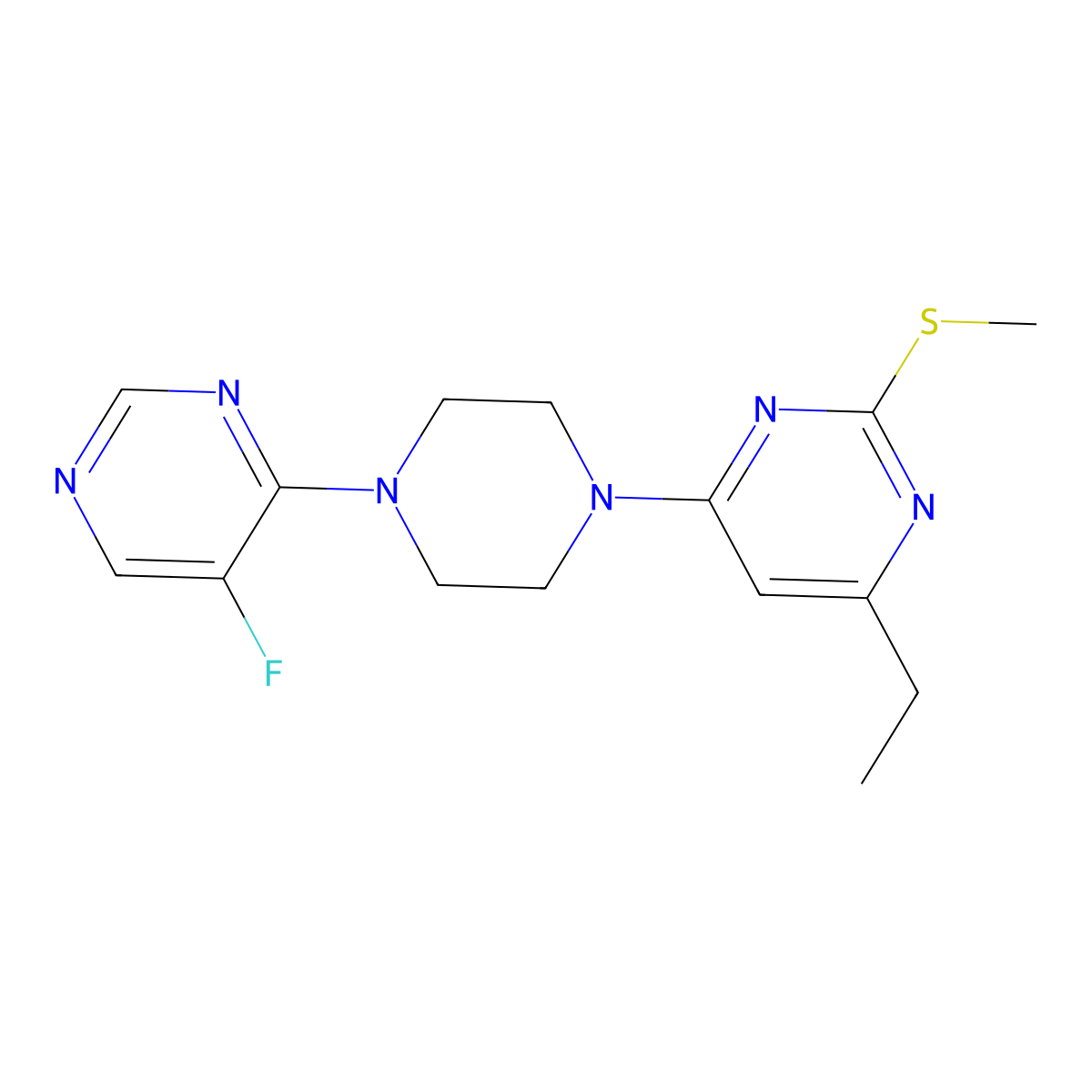 4-Ethyl-6-[4-(5-fluoropyrimidin-4-yl)piperazin-1-yl]-2-(methylsulfanyl)pyrimidine molecular structure, CAS 2548990-59-4