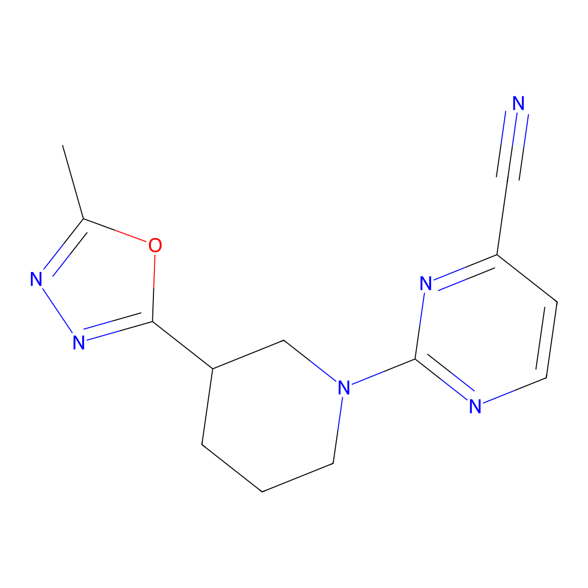 2-[3-(5-Methyl-1,3,4-oxadiazol-2-yl)piperidin-1-yl]pyrimidine-4-carbonitrile molecular structure, CAS 2548990-66-3