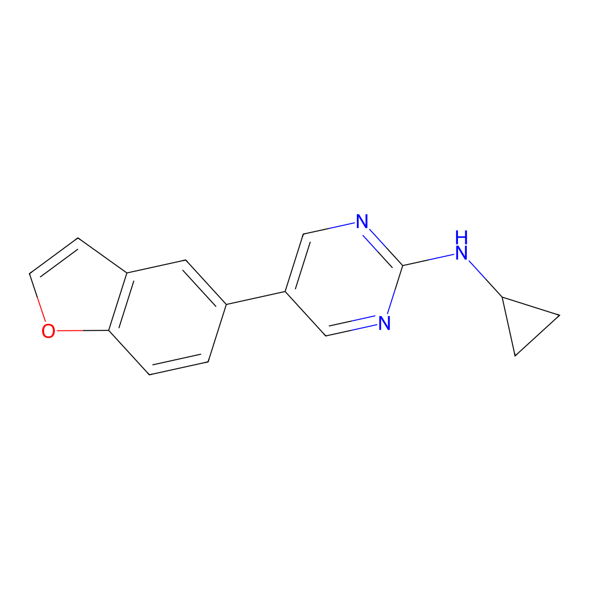 5-(1-benzofuran-5-yl)-N-cyclopropylpyrimidin-2-amine molecular structure, CAS 2548990-74-3