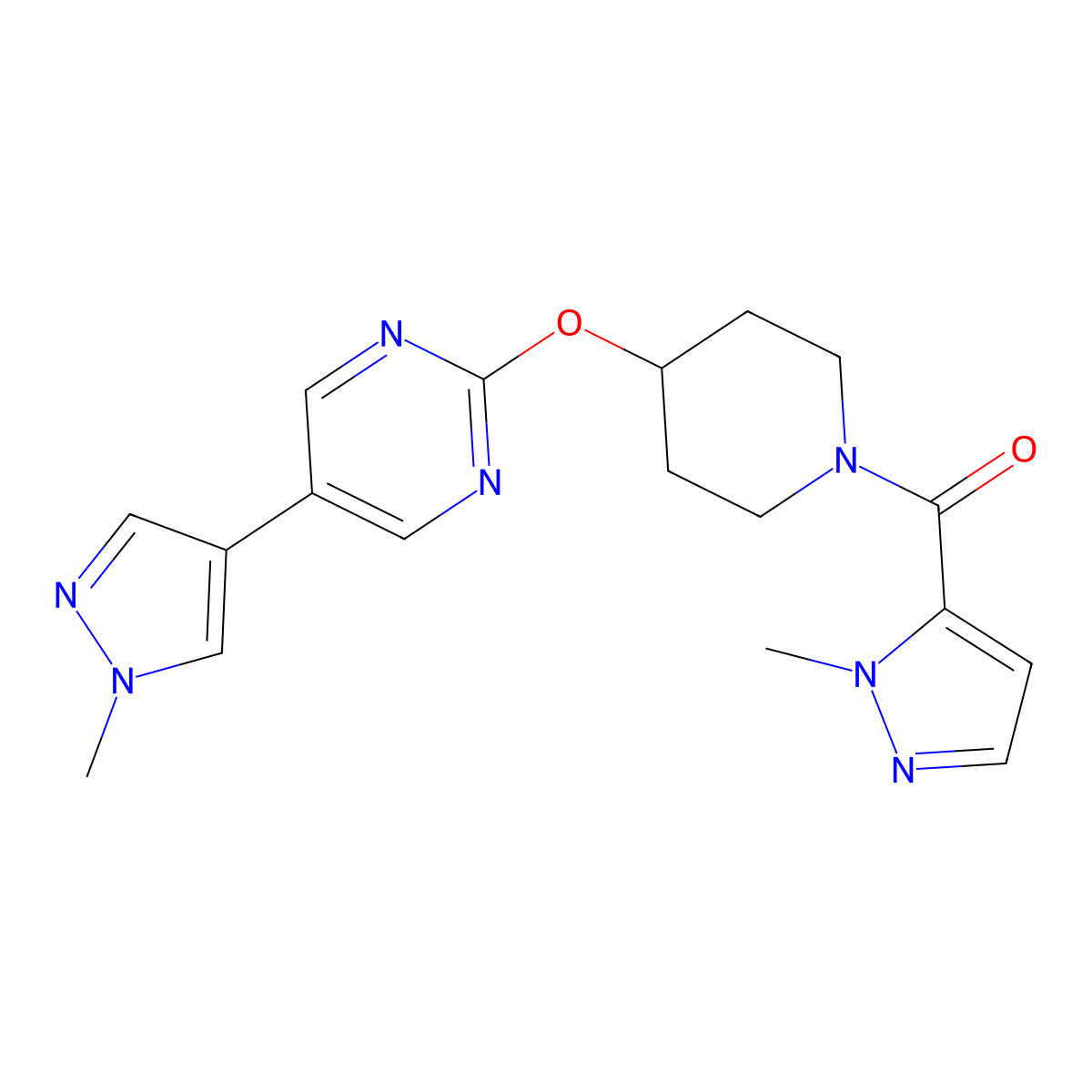 5-(1-methyl-1H-pyrazol-4-yl)-2-{[1-(1-methyl-1H-pyrazole-5-carbonyl)piperidin-4-yl]oxy}pyrimidine molecular structure, CAS 2548990-75-4