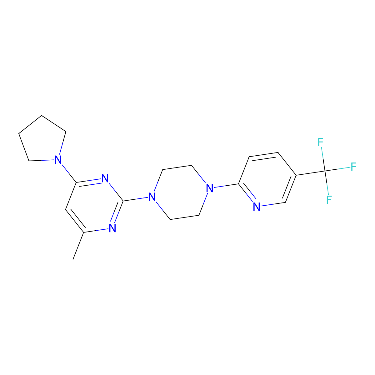 4-Methyl-6-(pyrrolidin-1-yl)-2-{4-[5-(trifluoromethyl)pyridin-2-yl]piperazin-1-yl}pyrimidine molecular structure, CAS 2548990-78-7