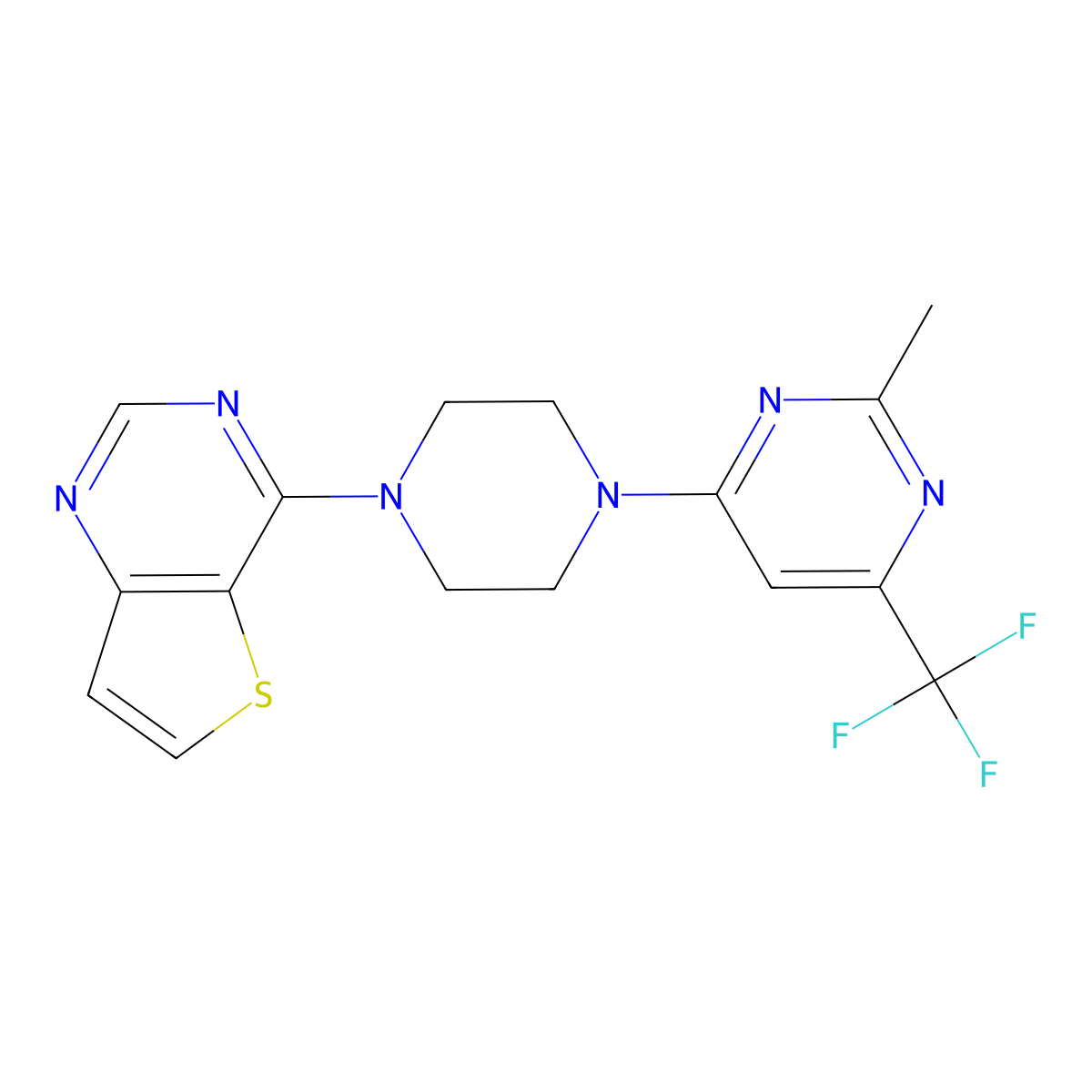2-Methyl-4-(4-{thieno[3,2-d]pyrimidin-4-yl}piperazin-1-yl)-6-(trifluoromethyl)pyrimidine molecular structure, CAS 2548990-82-3