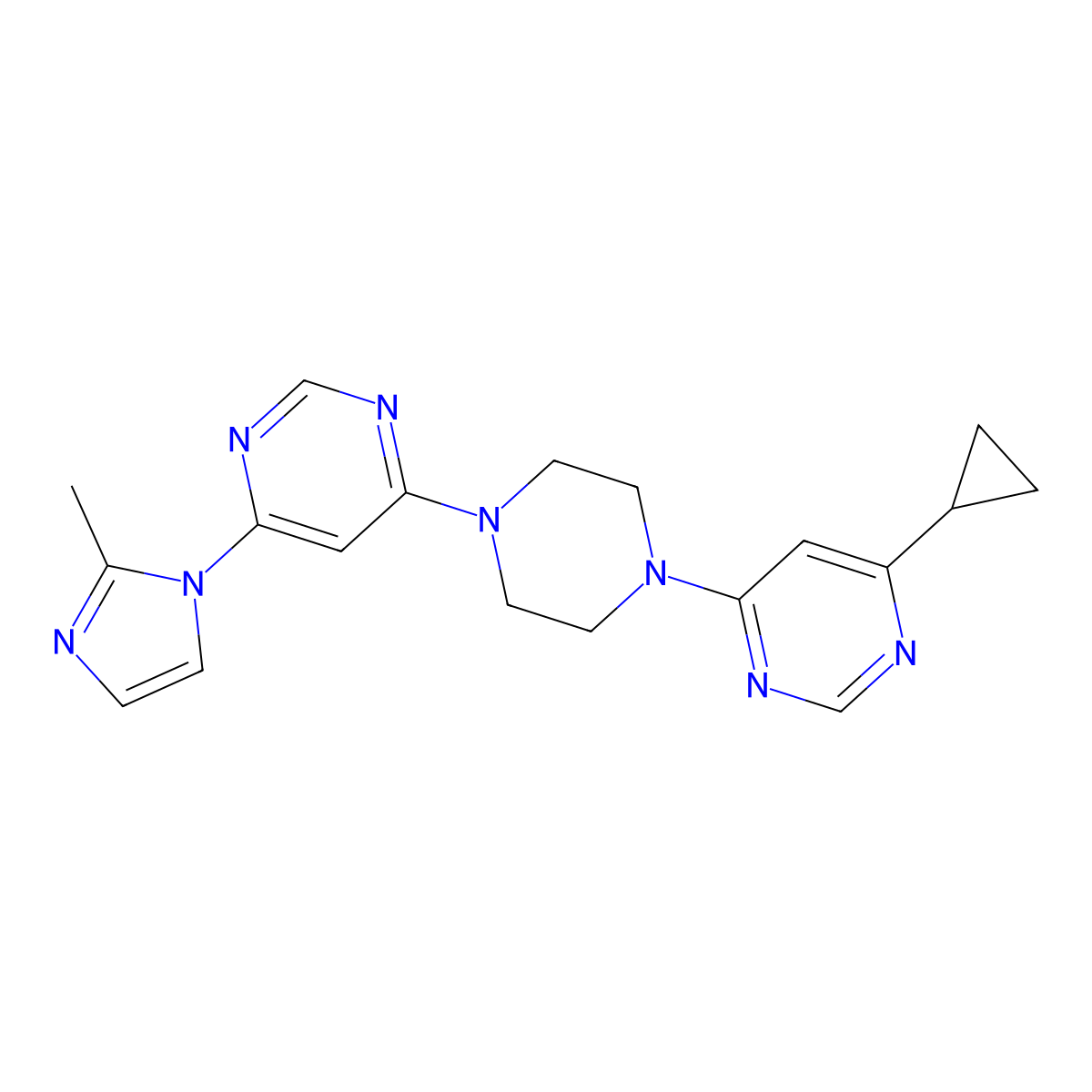 4-[4-(6-cyclopropylpyrimidin-4-yl)piperazin-1-yl]-6-(2-methyl-1H-imidazol-1-yl)pyrimidine molecular structure, CAS 2548990-84-5