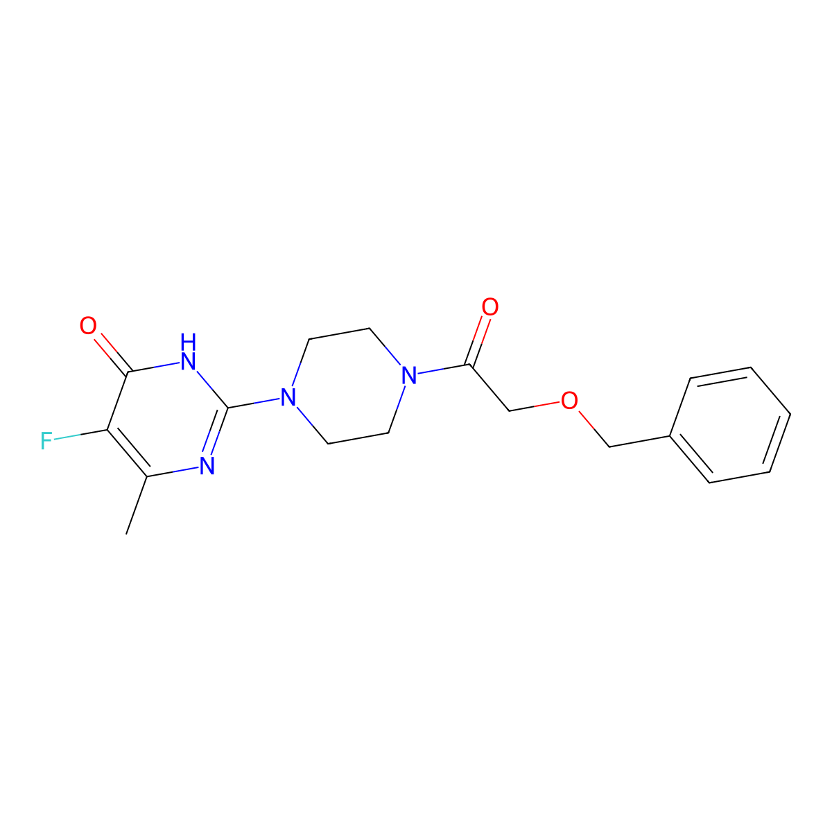 2-{4-[2-(Benzyloxy)acetyl]piperazin-1-yl}-5-fluoro-6-methyl-3,4-dihydropyrimidin-4-one molecular structure, CAS 2548990-85-6