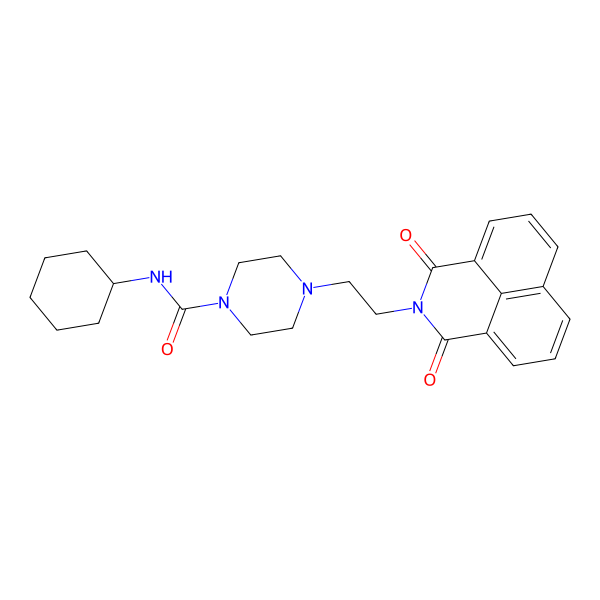 N-cyclohexyl-4-(2-{2,4-dioxo-3-azatricyclo[7.3.1.0^{5,13}]trideca-1(13),5,7,9,11-pentaen-3-yl}ethyl)piperazine-1-carboxamide molecular structure, CAS 2548990-86-7