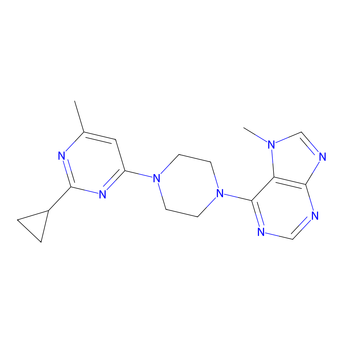 6-[4-(2-cyclopropyl-6-methylpyrimidin-4-yl)piperazin-1-yl]-7-methyl-7H-purine molecular structure, CAS 2548990-88-9