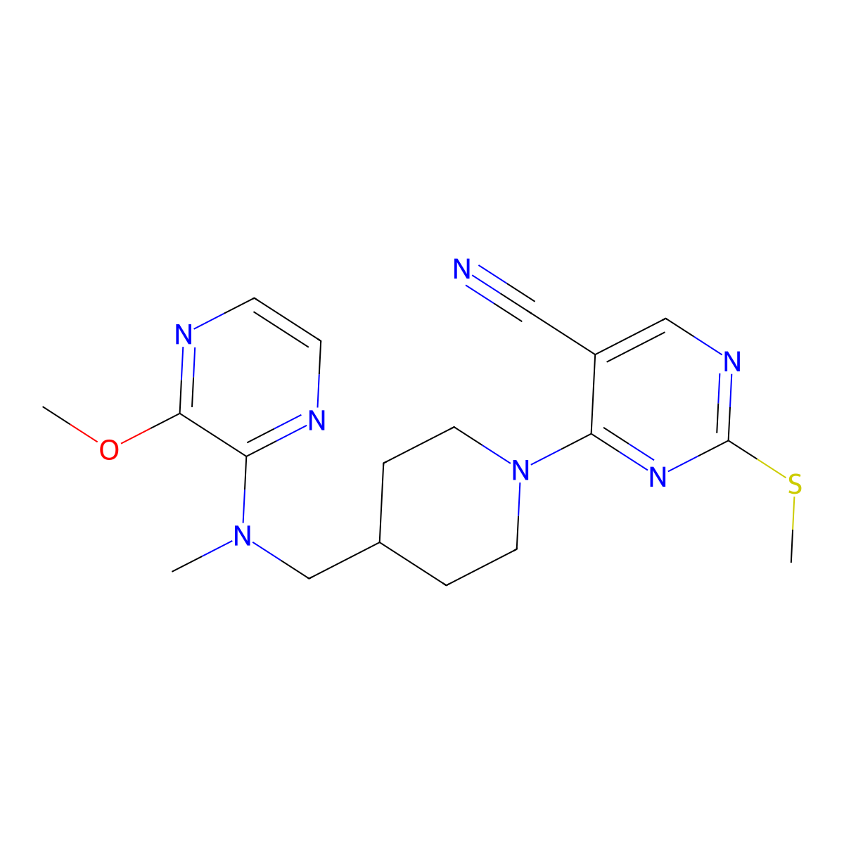 4-(4-{[(3-Methoxypyrazin-2-yl)(methyl)amino]methyl}piperidin-1-yl)-2-(methylsulfanyl)pyrimidine-5-carbonitrile molecular structure, CAS 2548990-92-5
