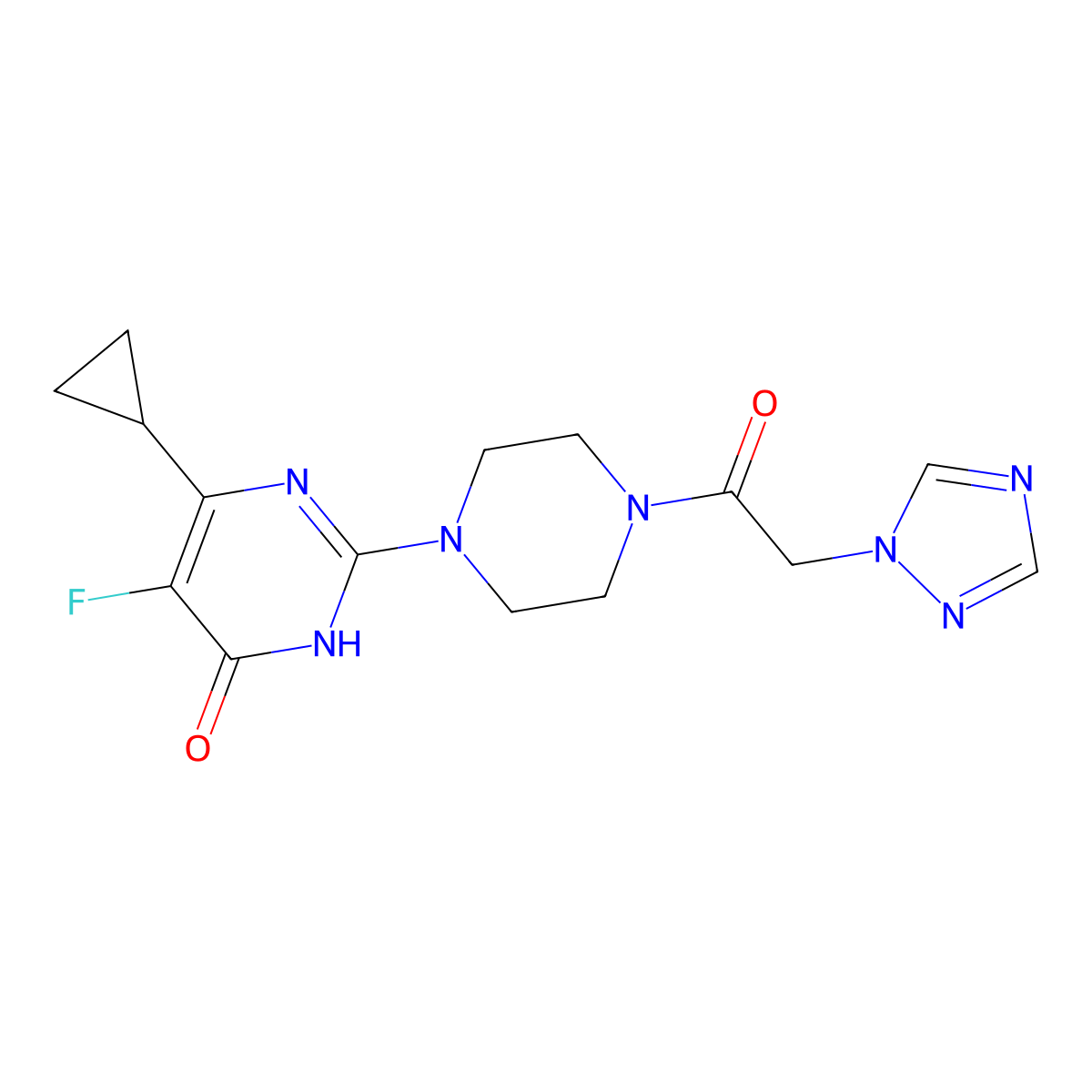 6-cyclopropyl-5-fluoro-2-{4-[2-(1H-1,2,4-triazol-1-yl)acetyl]piperazin-1-yl}-3,4-dihydropyrimidin-4-one molecular structure, CAS 2548990-98-1