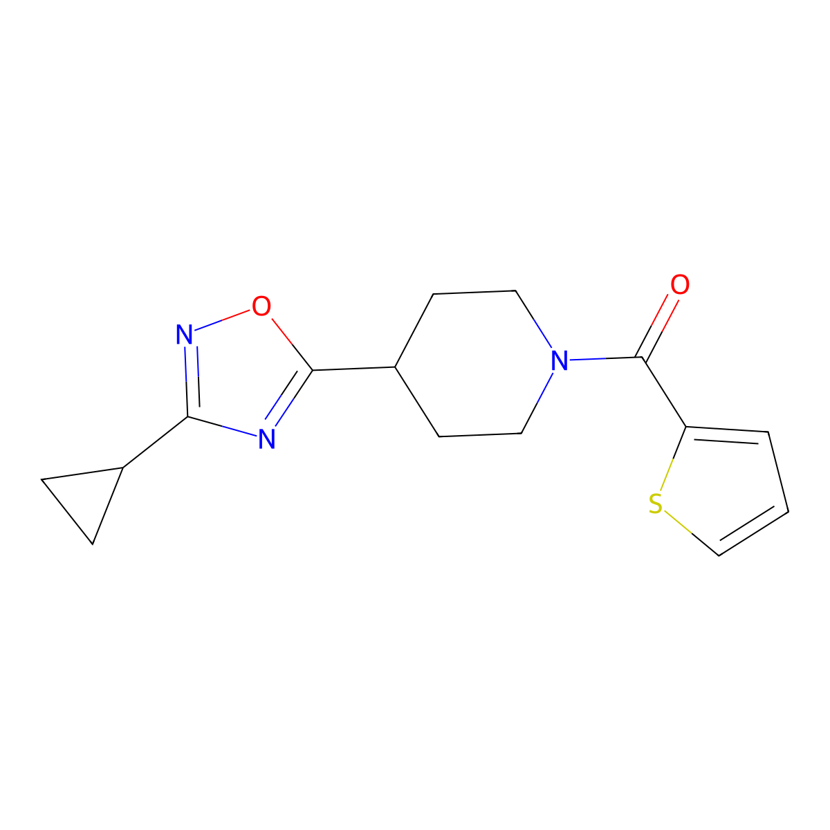 4-(3-Cyclopropyl-1,2,4-oxadiazol-5-yl)-1-(thiophene-2-carbonyl)piperidine molecular structure, CAS 2548990-99-2