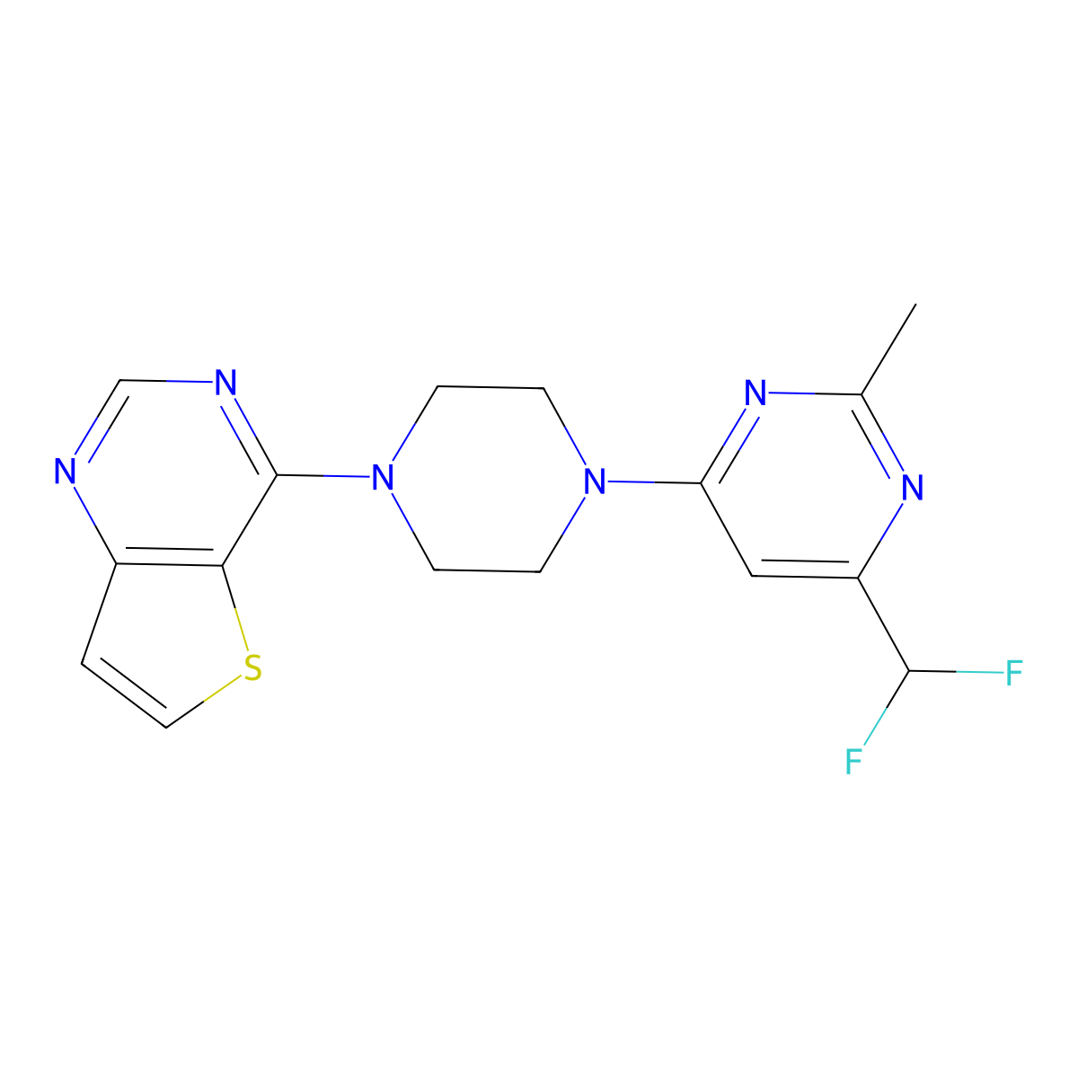 4-(Difluoromethyl)-2-methyl-6-(4-{thieno[3,2-d]pyrimidin-4-yl}piperazin-1-yl)pyrimidine molecular structure, CAS 2548991-02-0