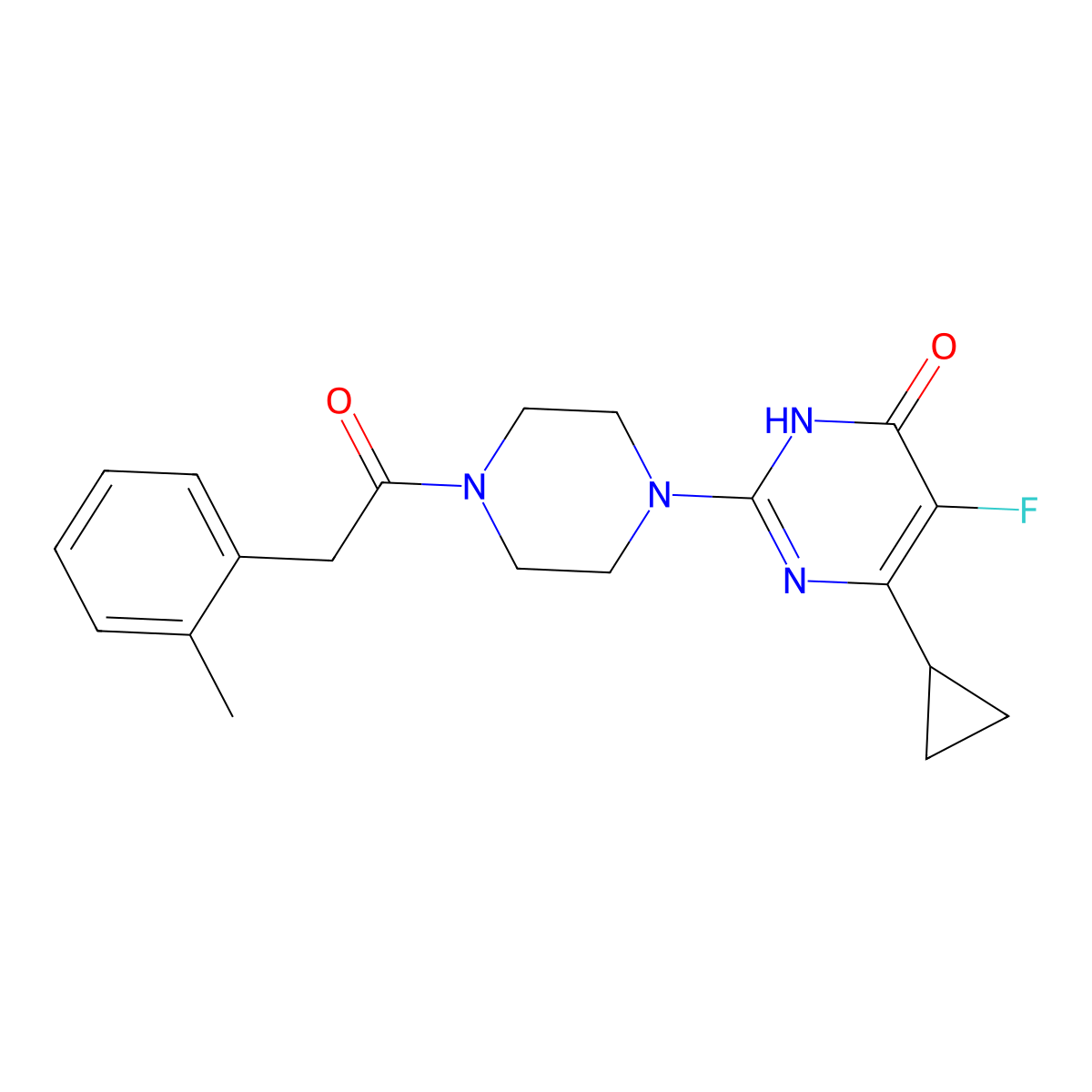 6-Cyclopropyl-5-fluoro-2-{4-[2-(2-methylphenyl)acetyl]piperazin-1-yl}-3,4-dihydropyrimidin-4-one molecular structure, CAS 2548991-16-6