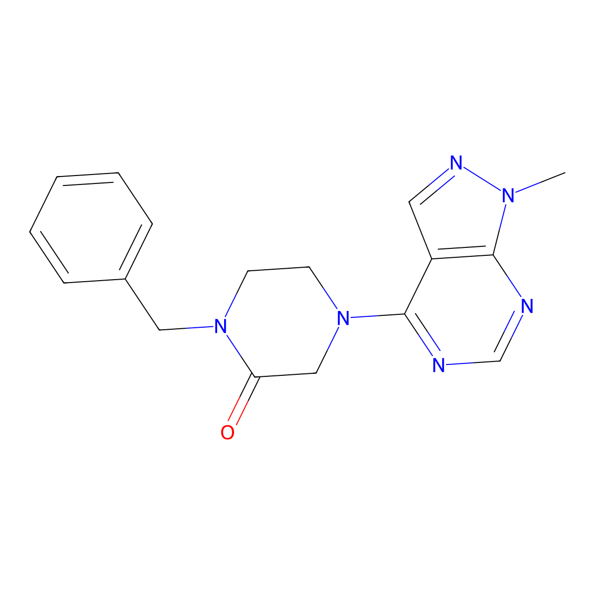 1-benzyl-4-{1-methyl-1H-pyrazolo[3,4-d]pyrimidin-4-yl}piperazin-2-one molecular structure, CAS 2548991-17-7