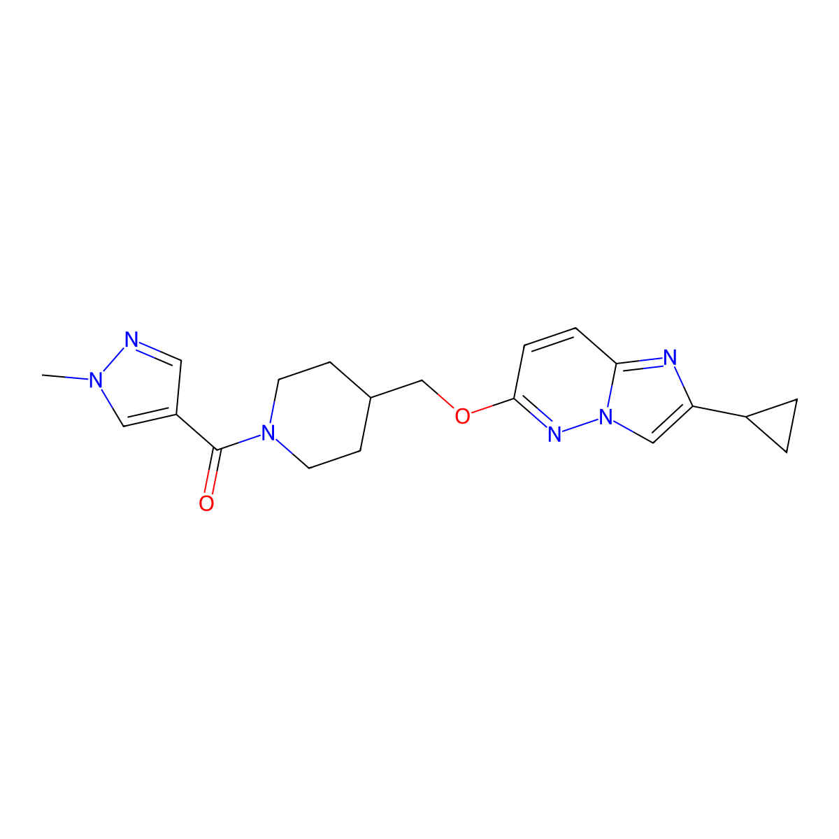 4-[({2-cyclopropylimidazo[1,2-b]pyridazin-6-yl}oxy)methyl]-1-(1-methyl-1H-pyrazole-4-carbonyl)piperidine molecular structure, CAS 2548991-24-6