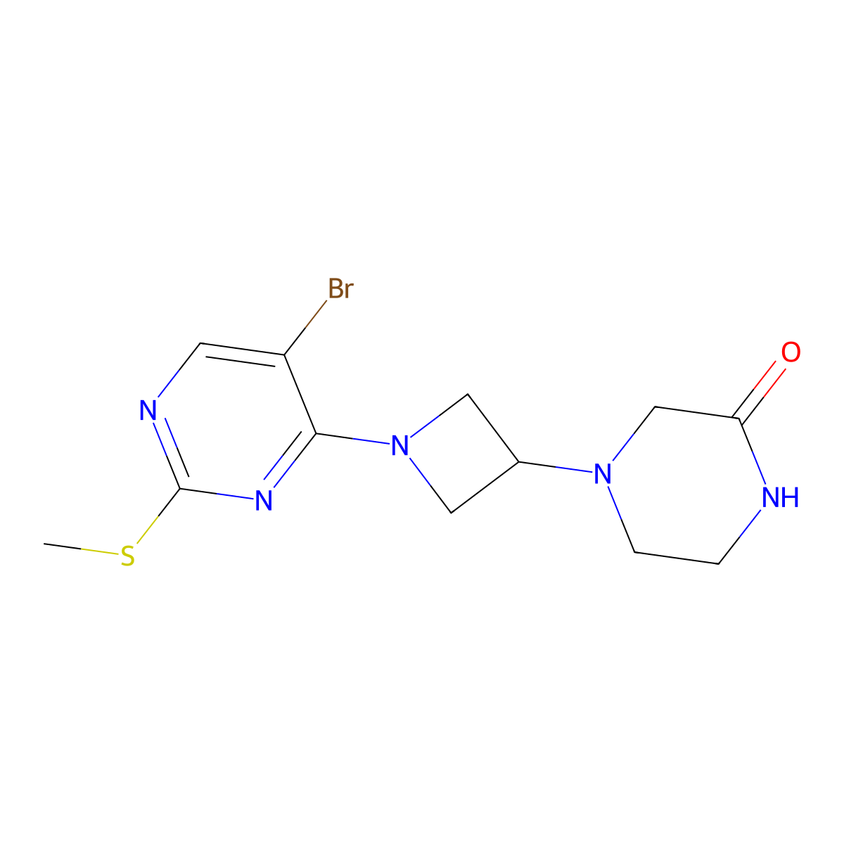 4-{1-[5-Bromo-2-(methylsulfanyl)pyrimidin-4-yl]azetidin-3-yl}piperazin-2-one molecular structure, CAS 2548991-25-7