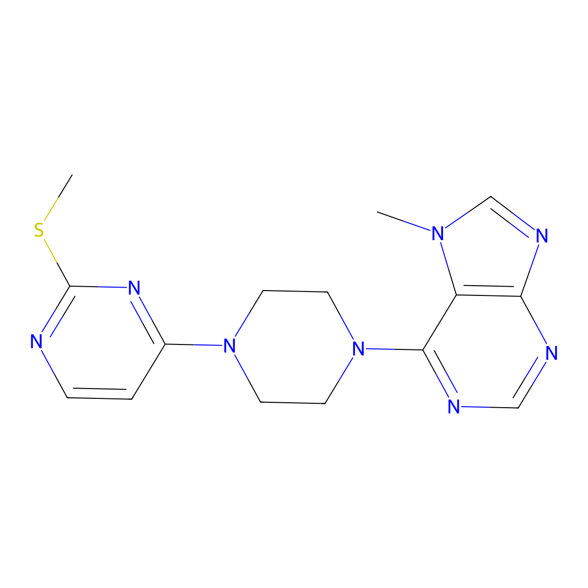 7-methyl-6-{4-[2-(methylsulfanyl)pyrimidin-4-yl]piperazin-1-yl}-7H-purine molecular structure, CAS 2548991-31-5