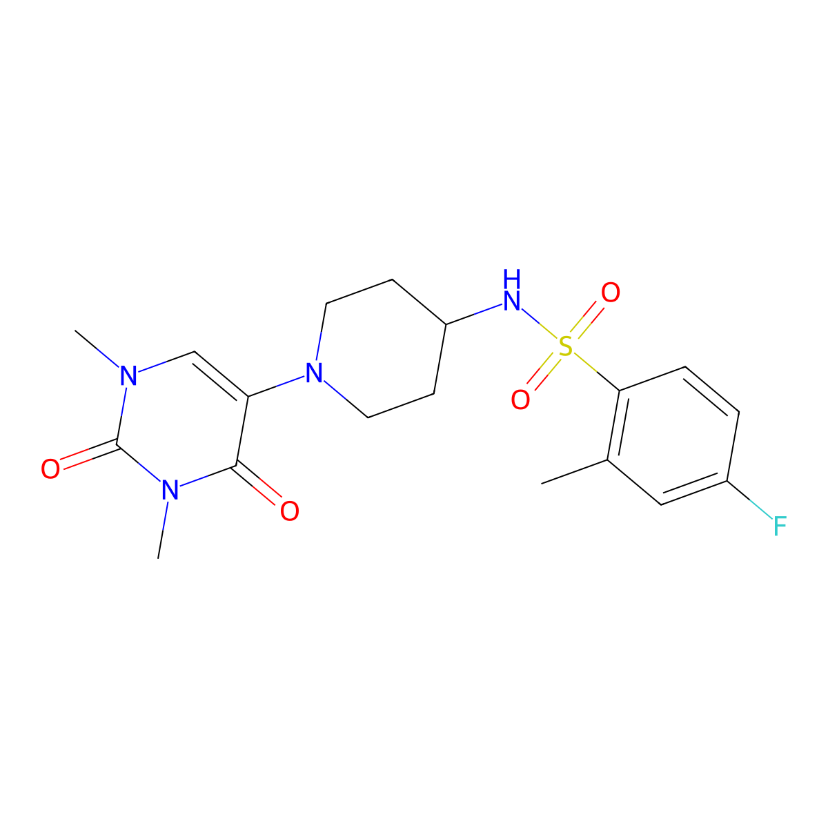 N-[1-(1,3-dimethyl-2,4-dioxo-1,2,3,4-tetrahydropyrimidin-5-yl)piperidin-4-yl]-4-fluoro-2-methylbenzene-1-sulfonamide molecular structure, CAS 2548991-39-3