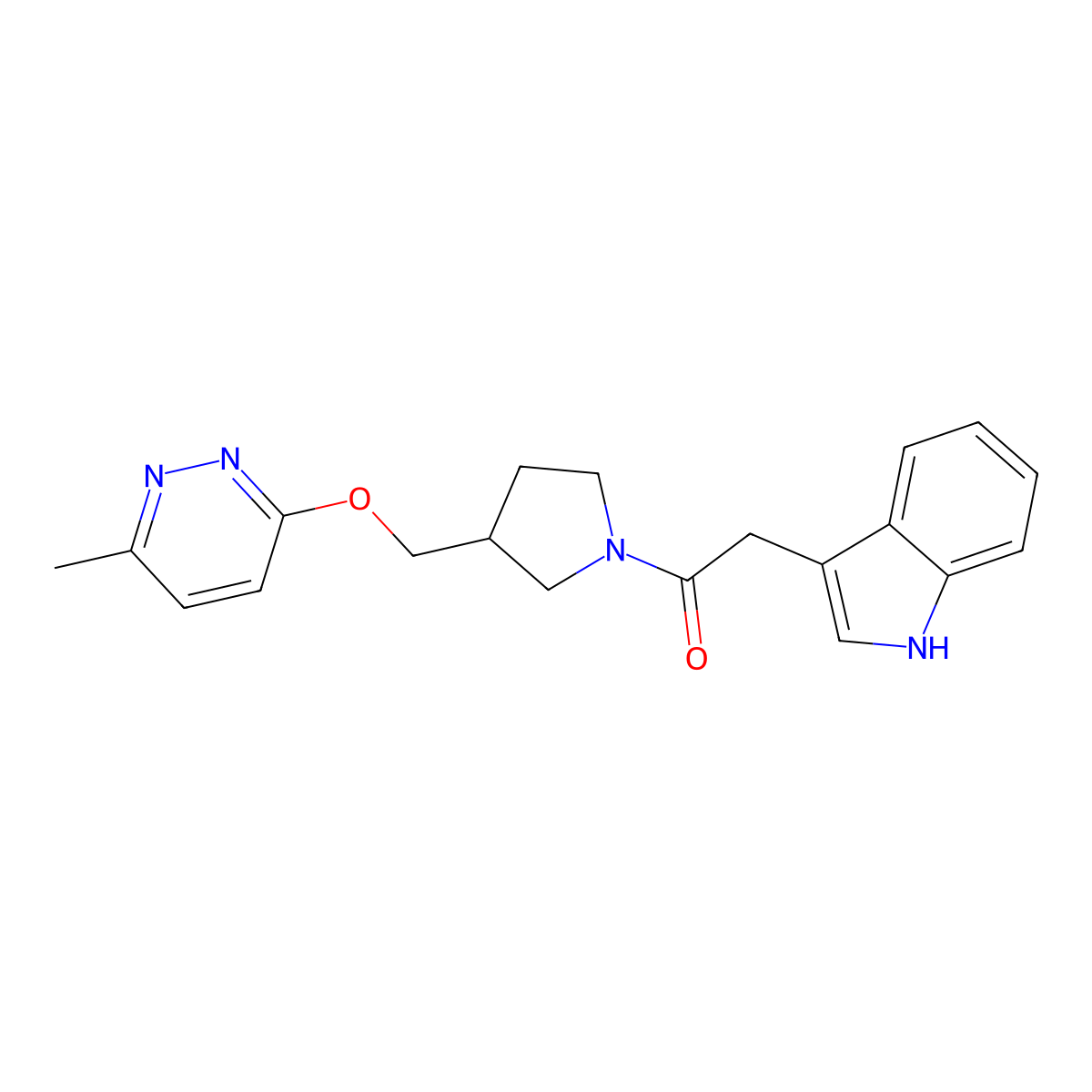 2-(1H-indol-3-yl)-1-(3-{[(6-methylpyridazin-3-yl)oxy]methyl}pyrrolidin-1-yl)ethan-1-one molecular structure, CAS 2548991-49-5